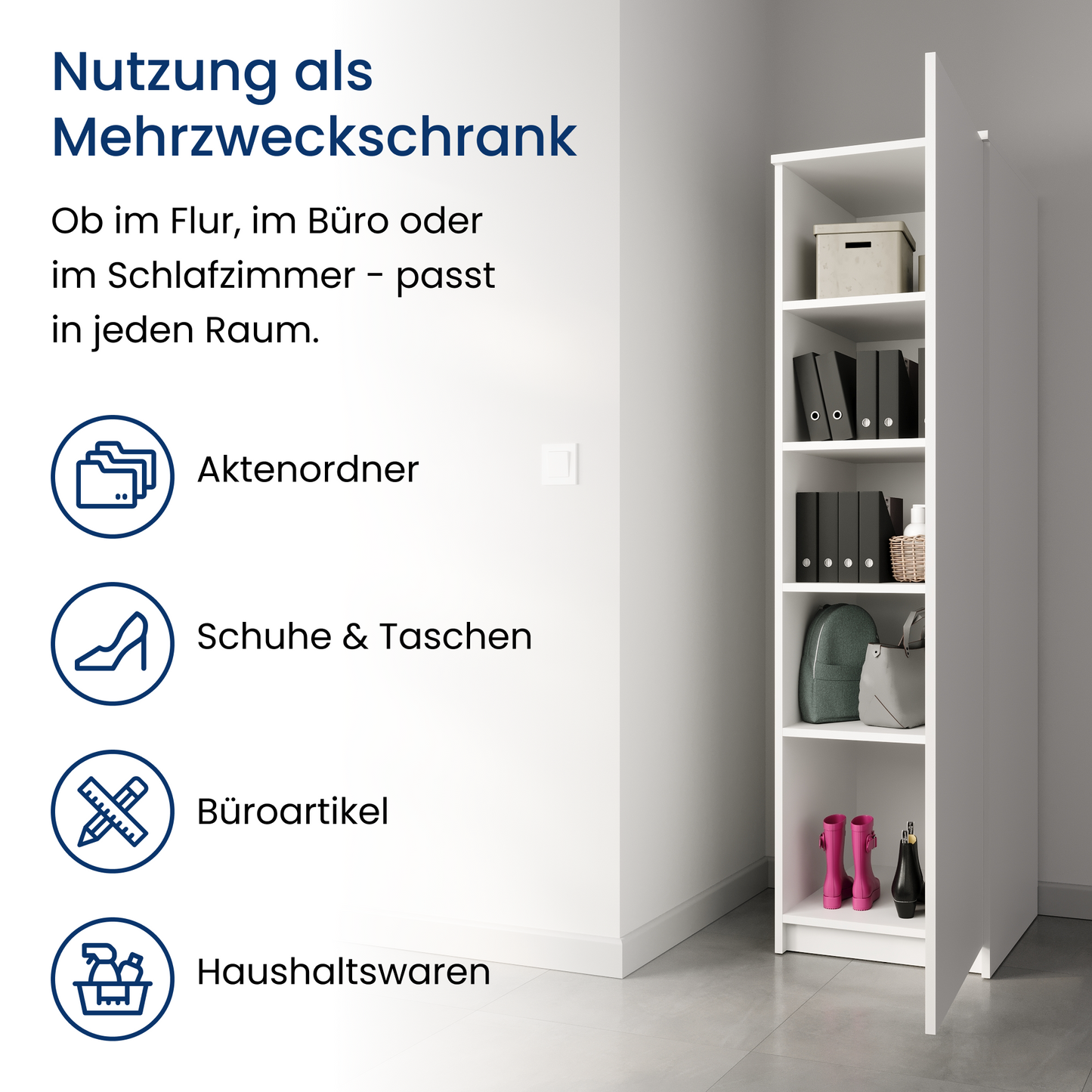 Garderobenschrank Garderobe Mehrzweckschrank weiß 50cm Breite 180cm Höhe mit Kleiderstange und Extra-Fach, Kleiderschrank Organizer aus MDF Holz