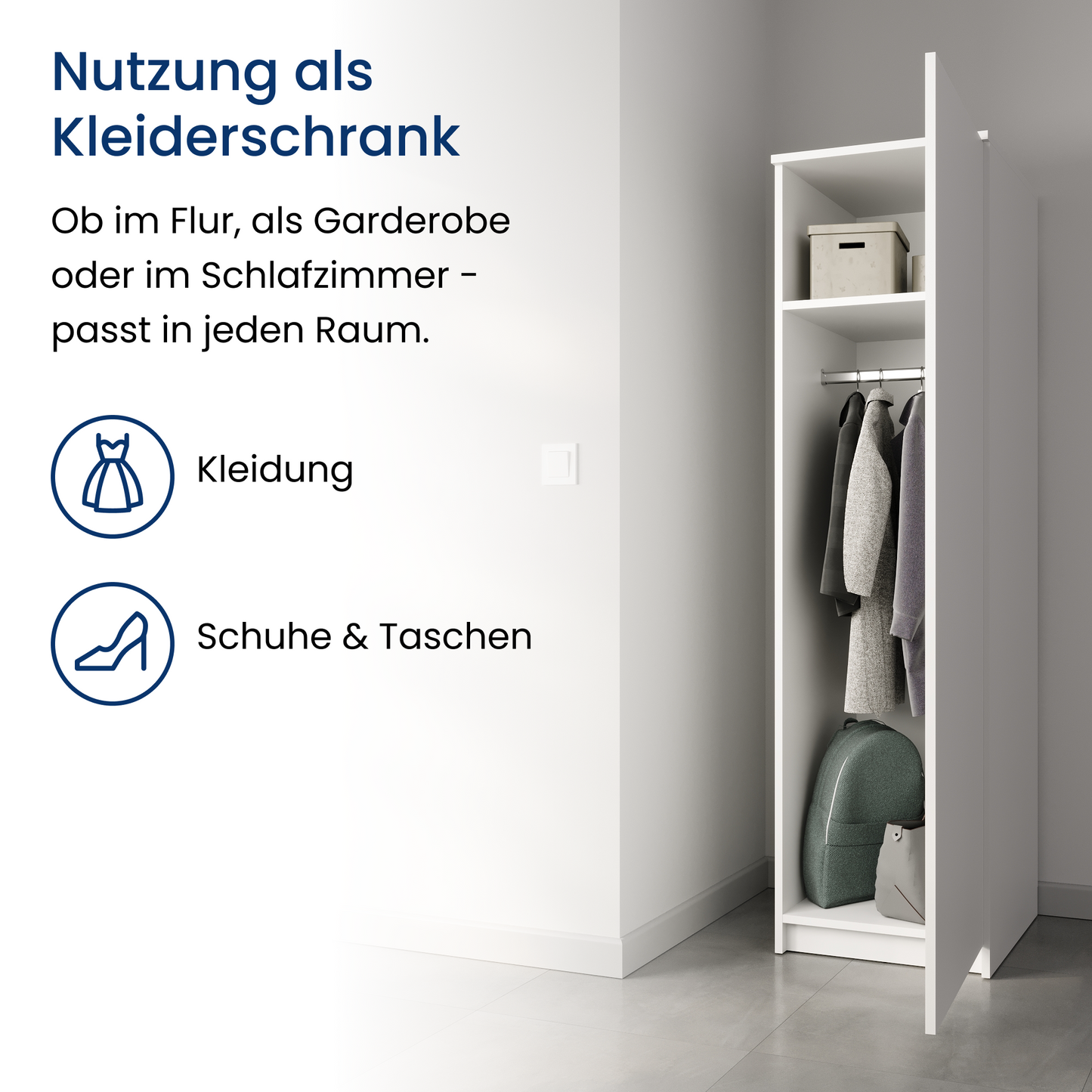 Garderobenschrank Garderobe Mehrzweckschrank weiß 50cm Breite 180cm Höhe mit Kleiderstange und Extra-Fach, Kleiderschrank Organizer aus MDF Holz