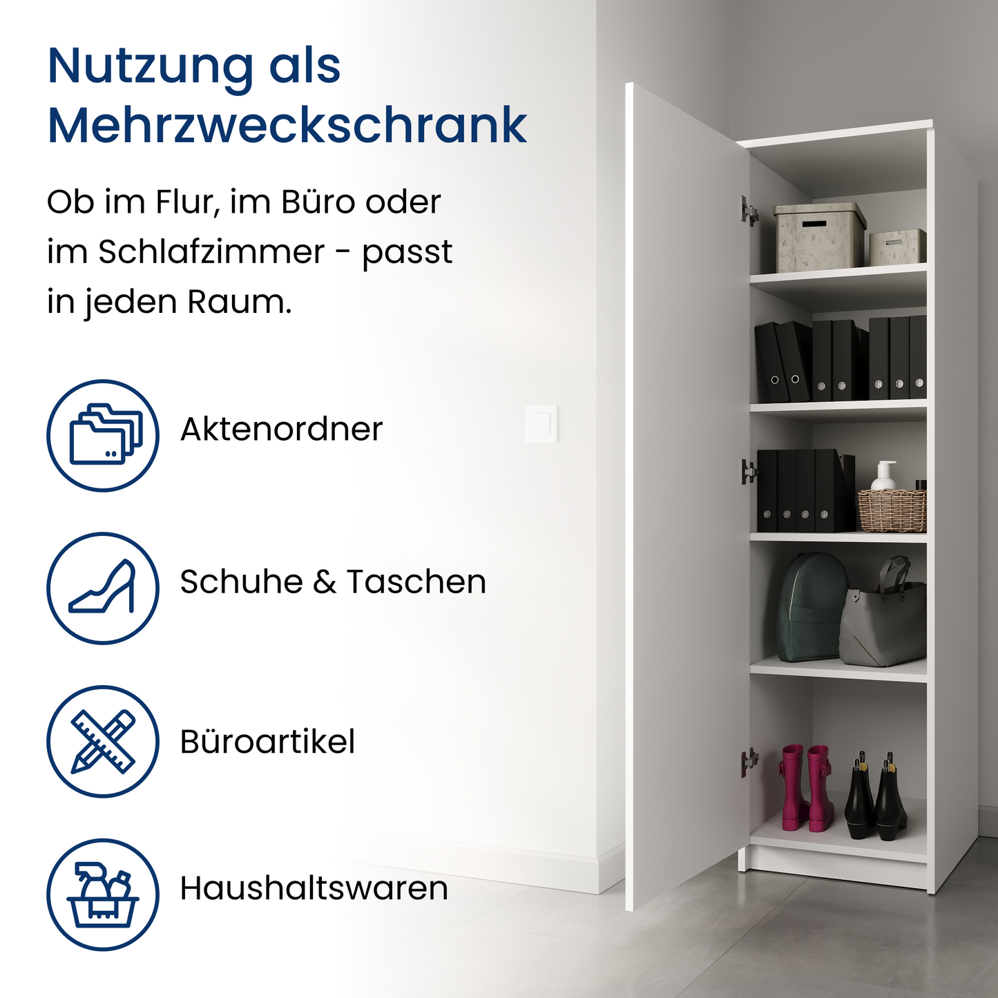 Garderobenschrank Garderobe Mehrzweckschrank weiß 50cm Breite 180cm Höhe mit Kleiderstange und Extra-Fach, Kleiderschrank Organizer aus MDF Holz