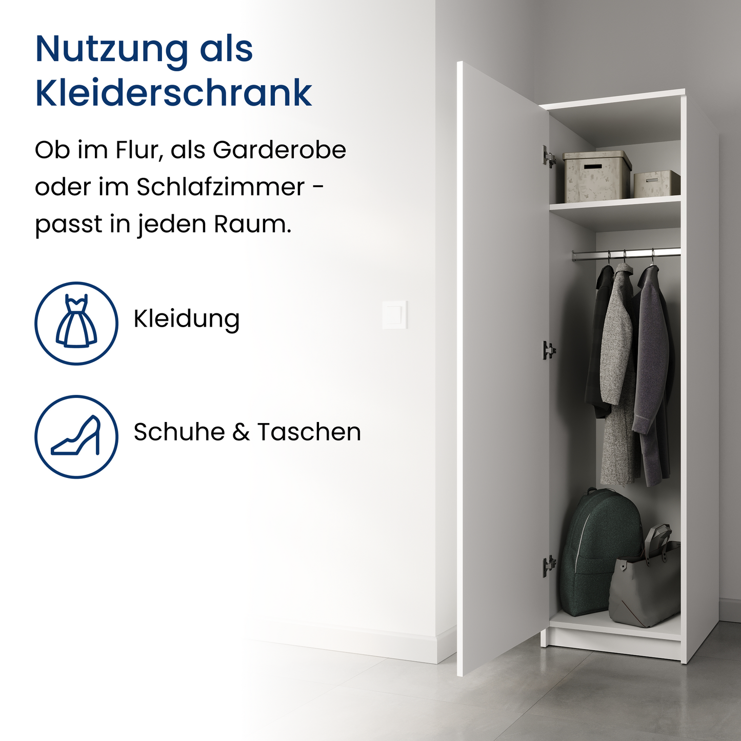 Garderobenschrank Garderobe Mehrzweckschrank weiß 50cm Breite 180cm Höhe mit Kleiderstange und Extra-Fach, Kleiderschrank Organizer aus MDF Holz