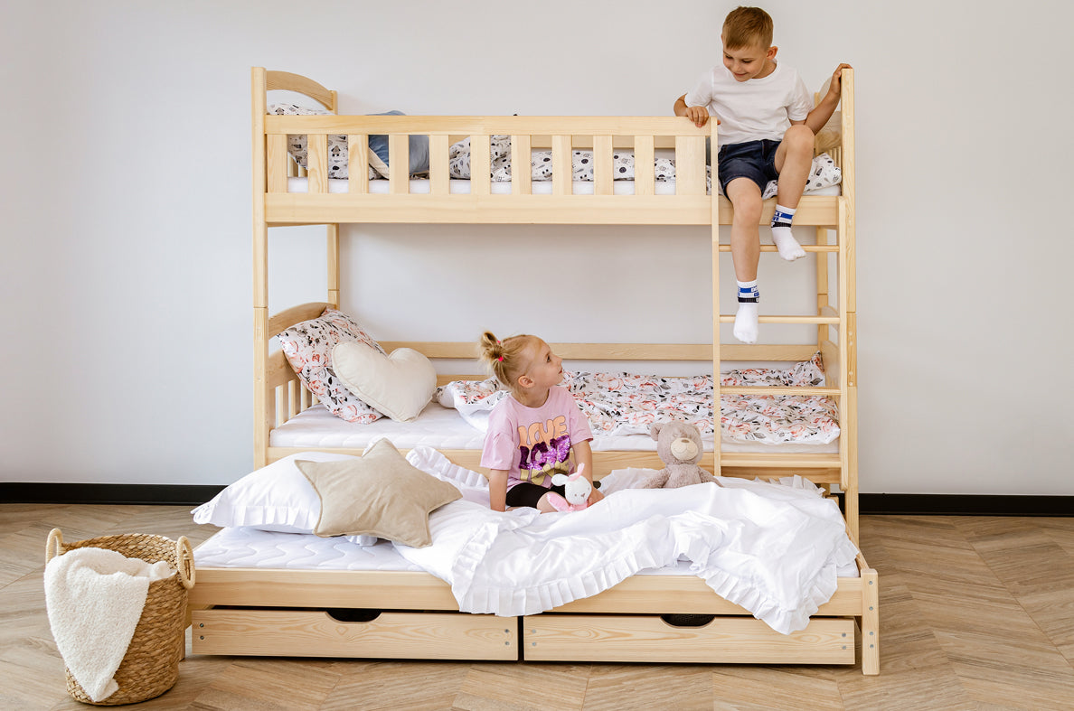 Hochbett 90x200 Etagenbett Kinderbett Jugendbett Stockbett 3 Kinder, zwei Schubladen & Rausfallschutz Kinder Bett umbaubar in 3 Einzelbetten | von 4. bis 18. Lebensjahr | inkl. Lattenrosten