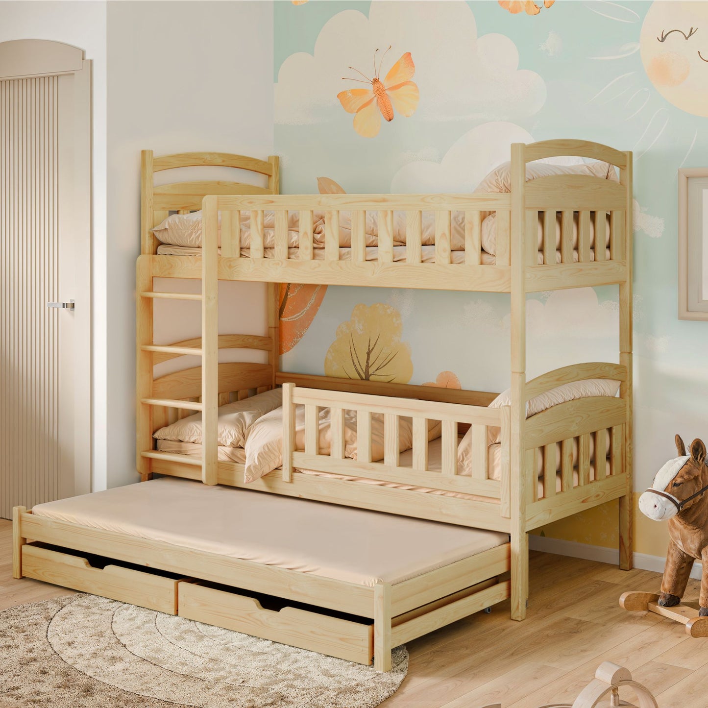 Hochbett 90x200 Etagenbett Kinderbett Jugendbett Stockbett 3 Kinder, zwei Schubladen & Rausfallschutz Kinder Bett umbaubar in 3 Einzelbetten | von 4. bis 18. Lebensjahr | inkl. Lattenrosten