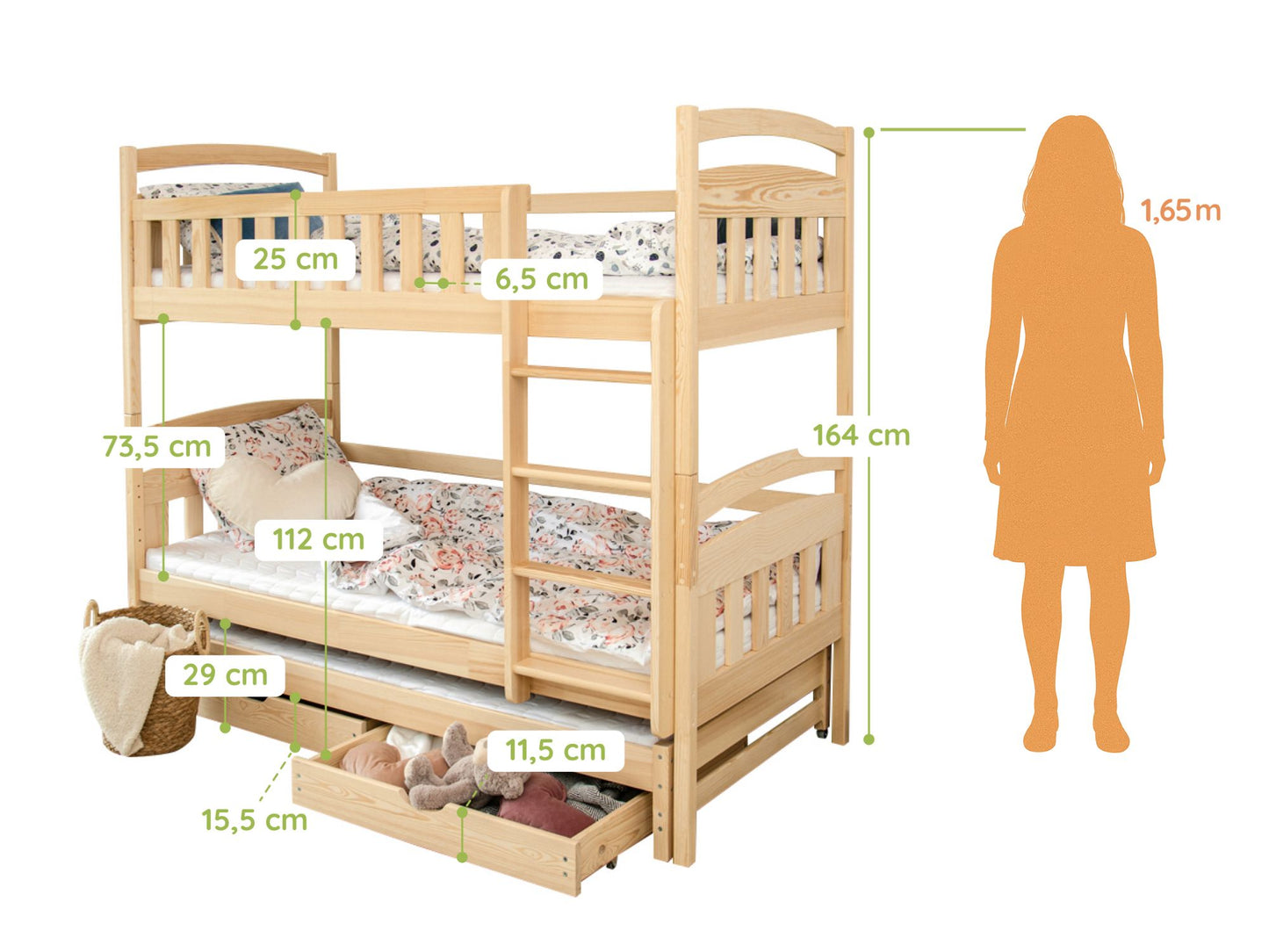 Hochbett 90x200 Etagenbett Kinderbett Jugendbett Stockbett 3 Kinder, zwei Schubladen & Rausfallschutz Kinder Bett umbaubar in 3 Einzelbetten | von 4. bis 18. Lebensjahr | inkl. Lattenrosten