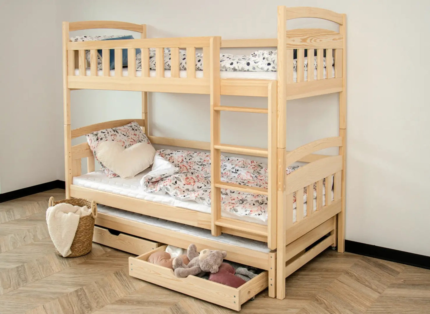 Hochbett 90x200 Etagenbett Kinderbett Jugendbett Stockbett 3 Kinder, zwei Schubladen & Rausfallschutz Kinder Bett umbaubar in 3 Einzelbetten | von 4. bis 18. Lebensjahr | inkl. Lattenrosten