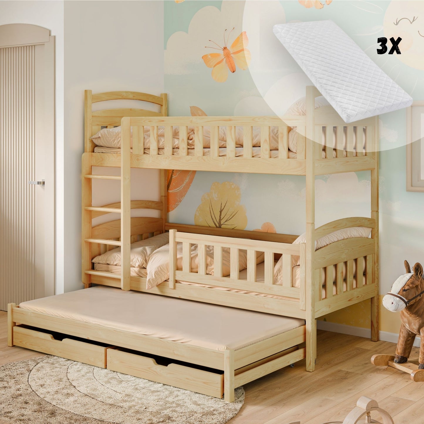 Hochbett 90x200 Etagenbett Kinderbett Jugendbett Stockbett 3 Kinder, zwei Schubladen & Rausfallschutz Kinder Bett umbaubar in 3 Einzelbetten | von 4. bis 18. Lebensjahr | inkl. Lattenrosten