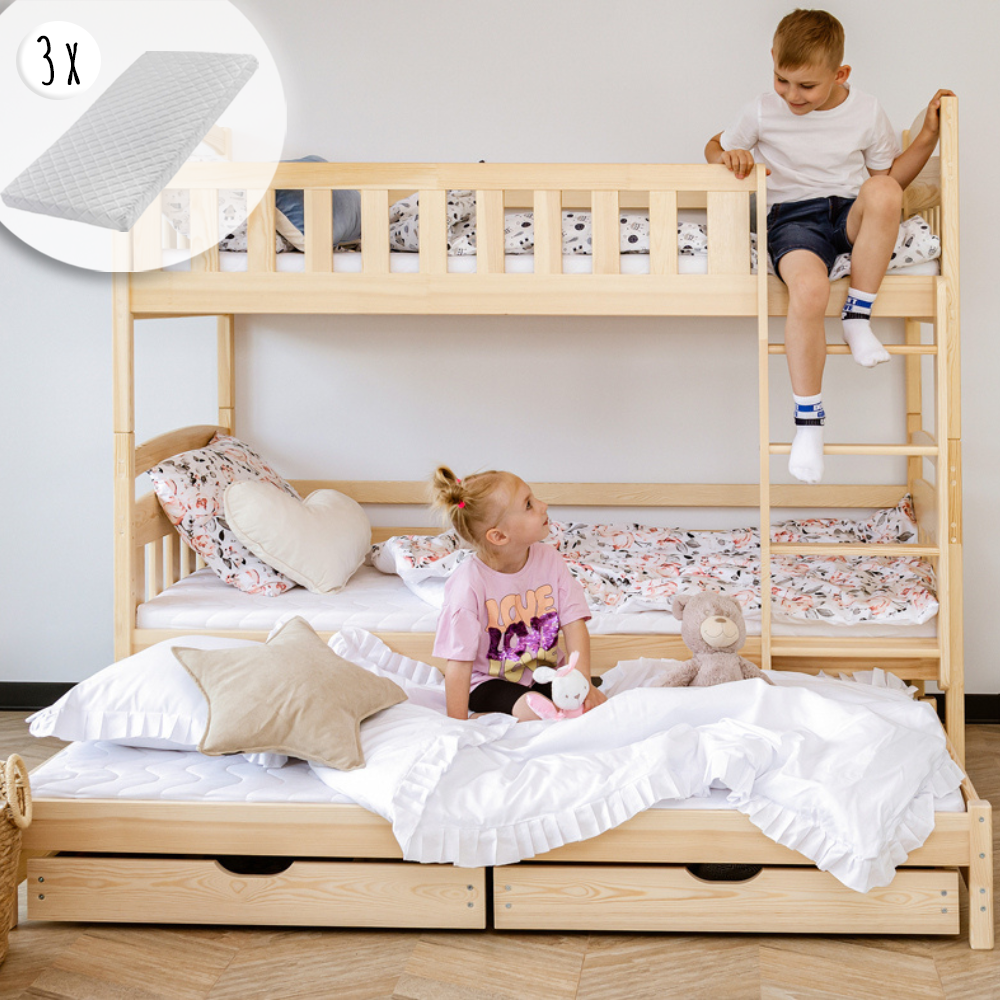 Hochbett 90x200 Etagenbett Kinderbett Jugendbett Stockbett 3 Kinder, zwei Schubladen & Rausfallschutz Kinder Bett umbaubar in 3 Einzelbetten | von 4. bis 18. Lebensjahr | inkl. Lattenrosten