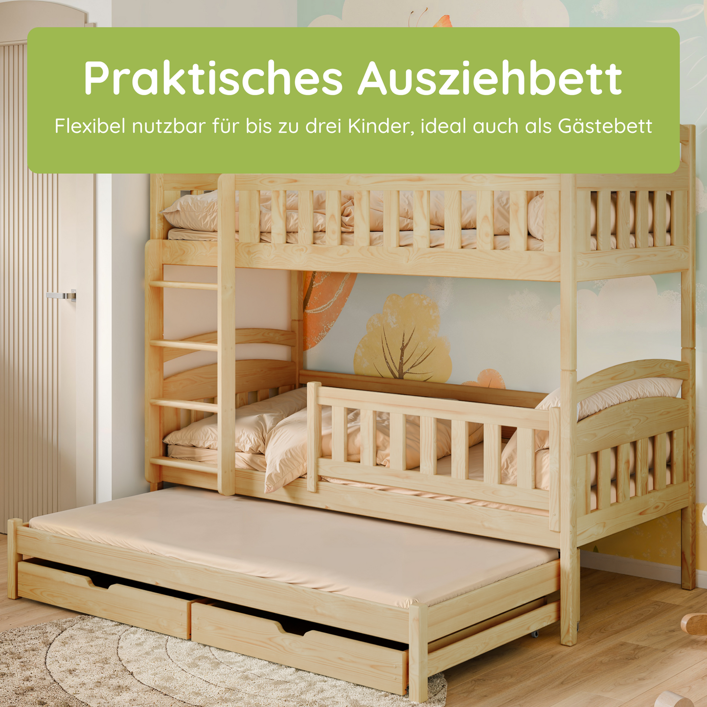 Hochbett 90x200 Etagenbett Kinderbett Jugendbett Stockbett 3 Kinder, zwei Schubladen & Rausfallschutz Kinder Bett umbaubar in 3 Einzelbetten | von 4. bis 18. Lebensjahr | inkl. Lattenrosten