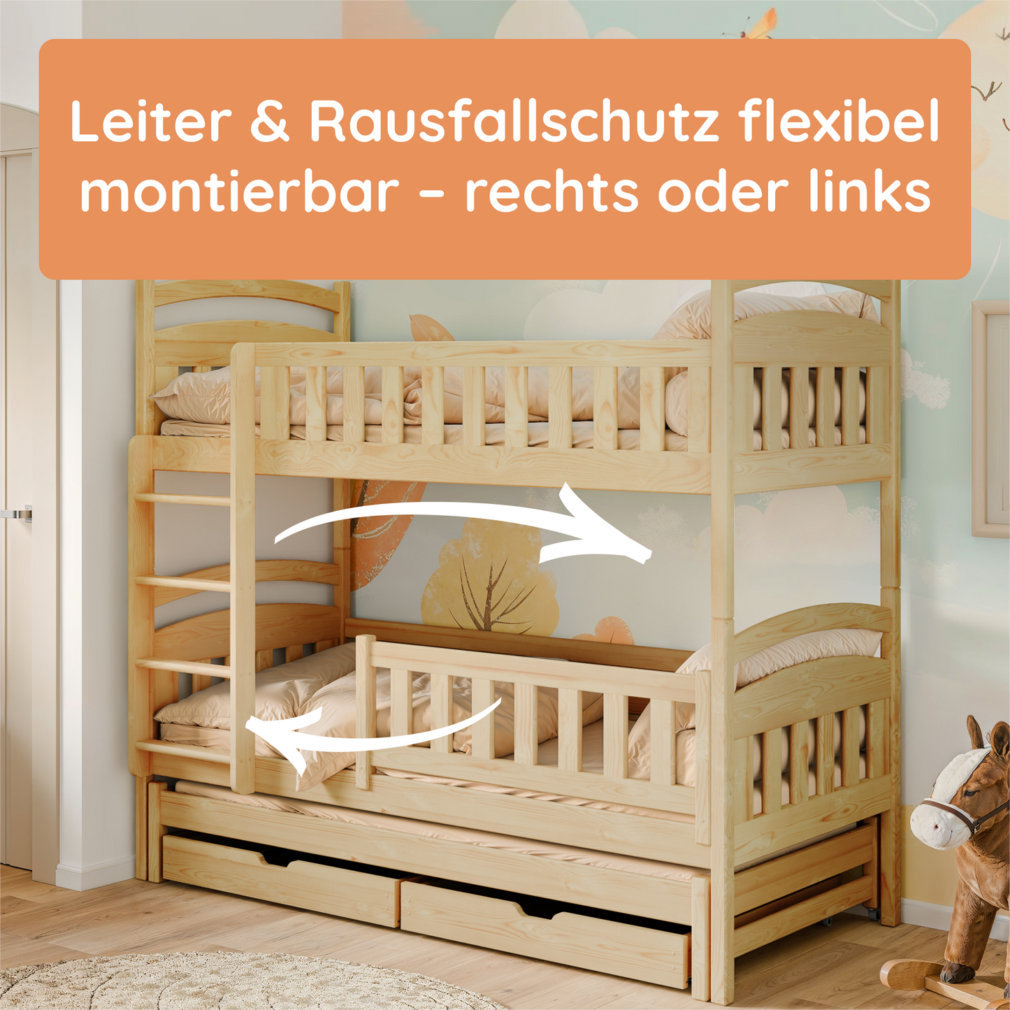 Hochbett 90x200 Etagenbett Kinderbett Jugendbett Stockbett 3 Kinder, zwei Schubladen & Rausfallschutz Kinder Bett umbaubar in 3 Einzelbetten | von 4. bis 18. Lebensjahr | inkl. Lattenrosten