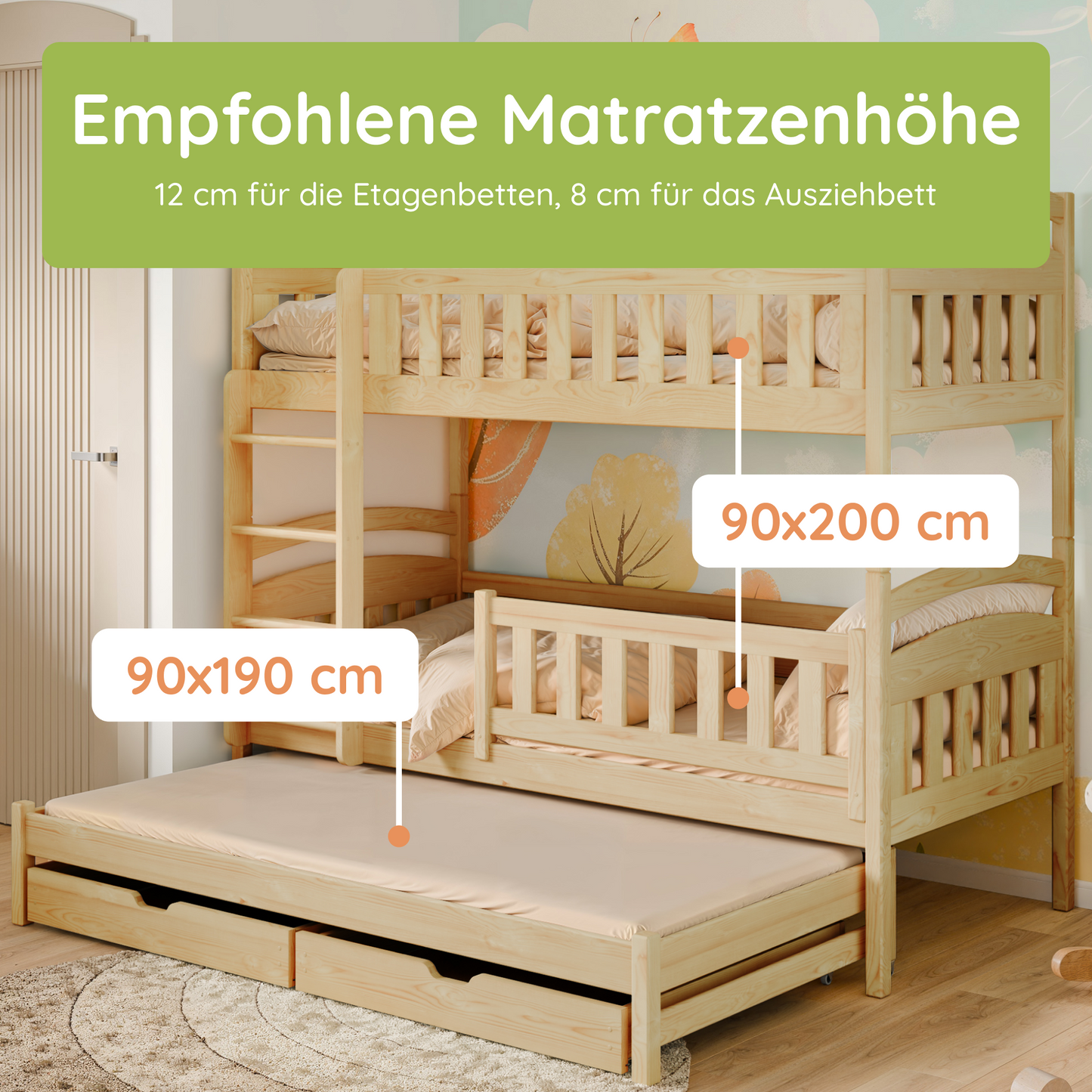 Hochbett 90x200 Etagenbett Kinderbett Jugendbett Stockbett 3 Kinder, zwei Schubladen & Rausfallschutz Kinder Bett umbaubar in 3 Einzelbetten | von 4. bis 18. Lebensjahr | inkl. Lattenrosten