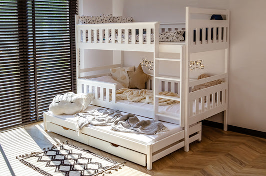 Hochbett 90x200 mit Ausziehbett und drei Matratzen (optional) Etagenbett mit Ausziehfunktion, zwei Schubladen, Lattenrost, Rausfallschutz, umbaubar in drei Einzelbetten, Vollholz massiv