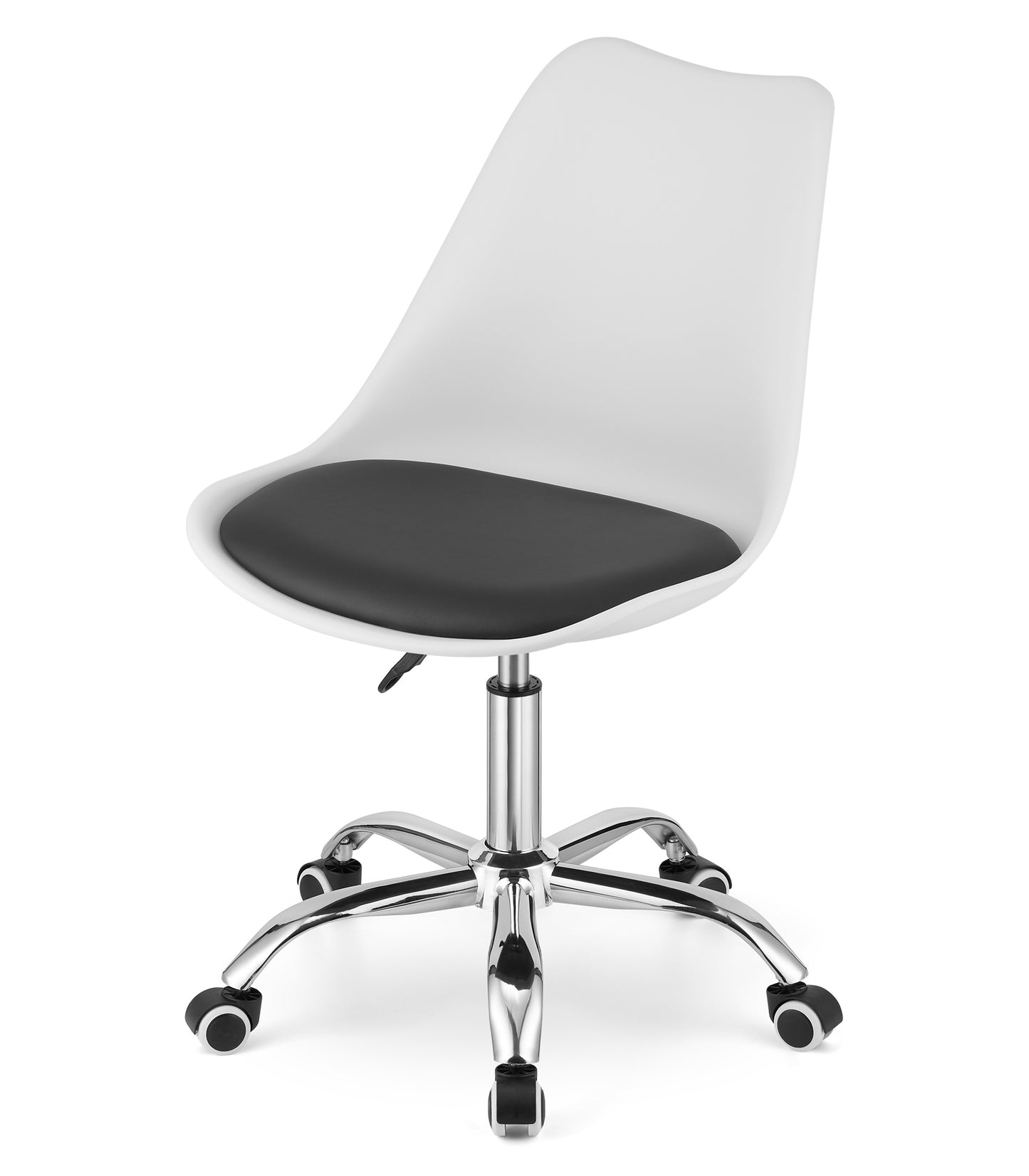 Chaise de bureau pivotante à roulettes, chaise de bureau réglable en hauteur en polypropylène et coussin en simili cuir, cadre chromé, 56,5 x 48,5 x 91,5 cm
