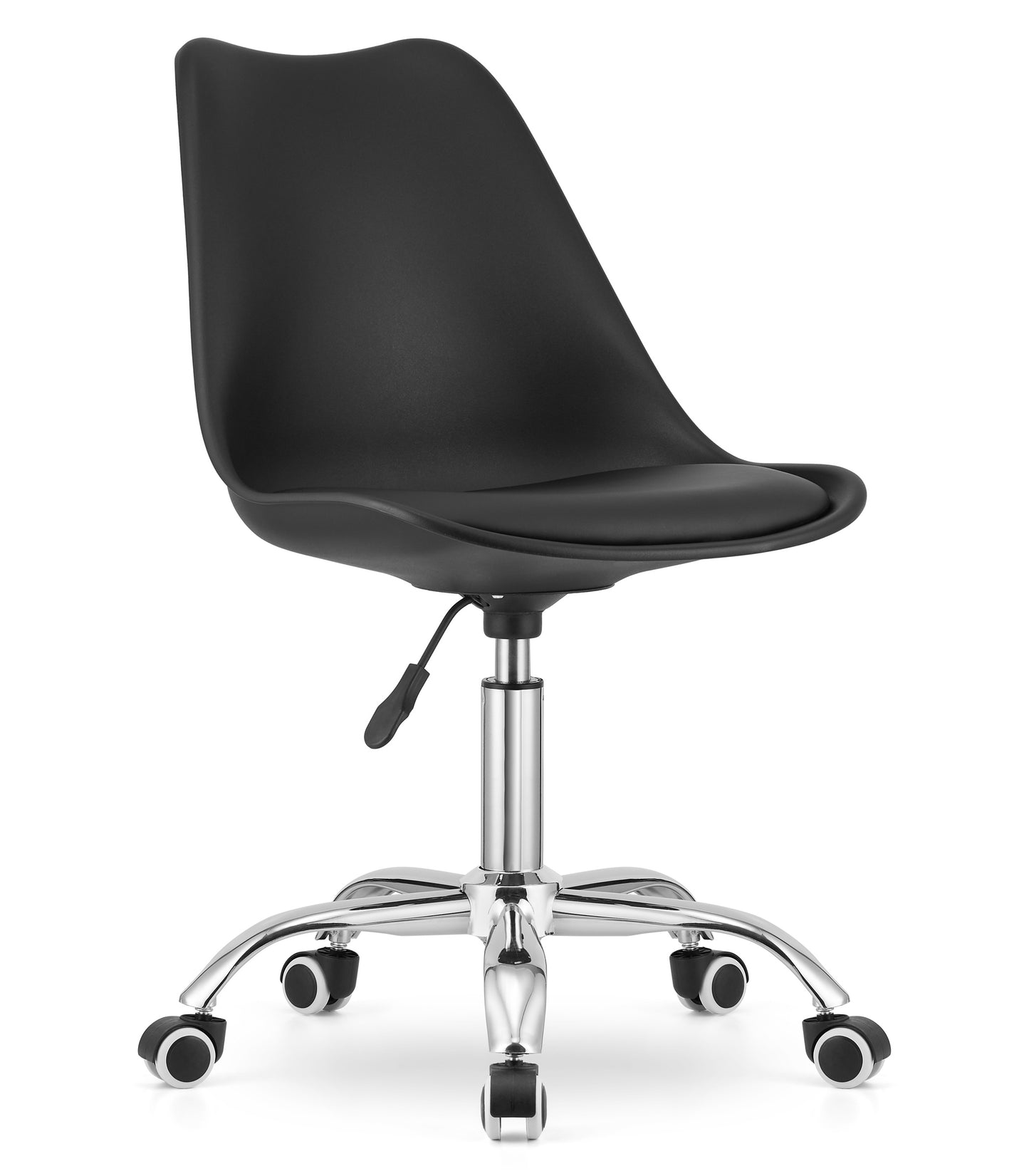 Chaise de bureau pivotante à roulettes, chaise de bureau réglable en hauteur en polypropylène et coussin en simili cuir, cadre chromé, 56,5 x 48,5 x 91,5 cm