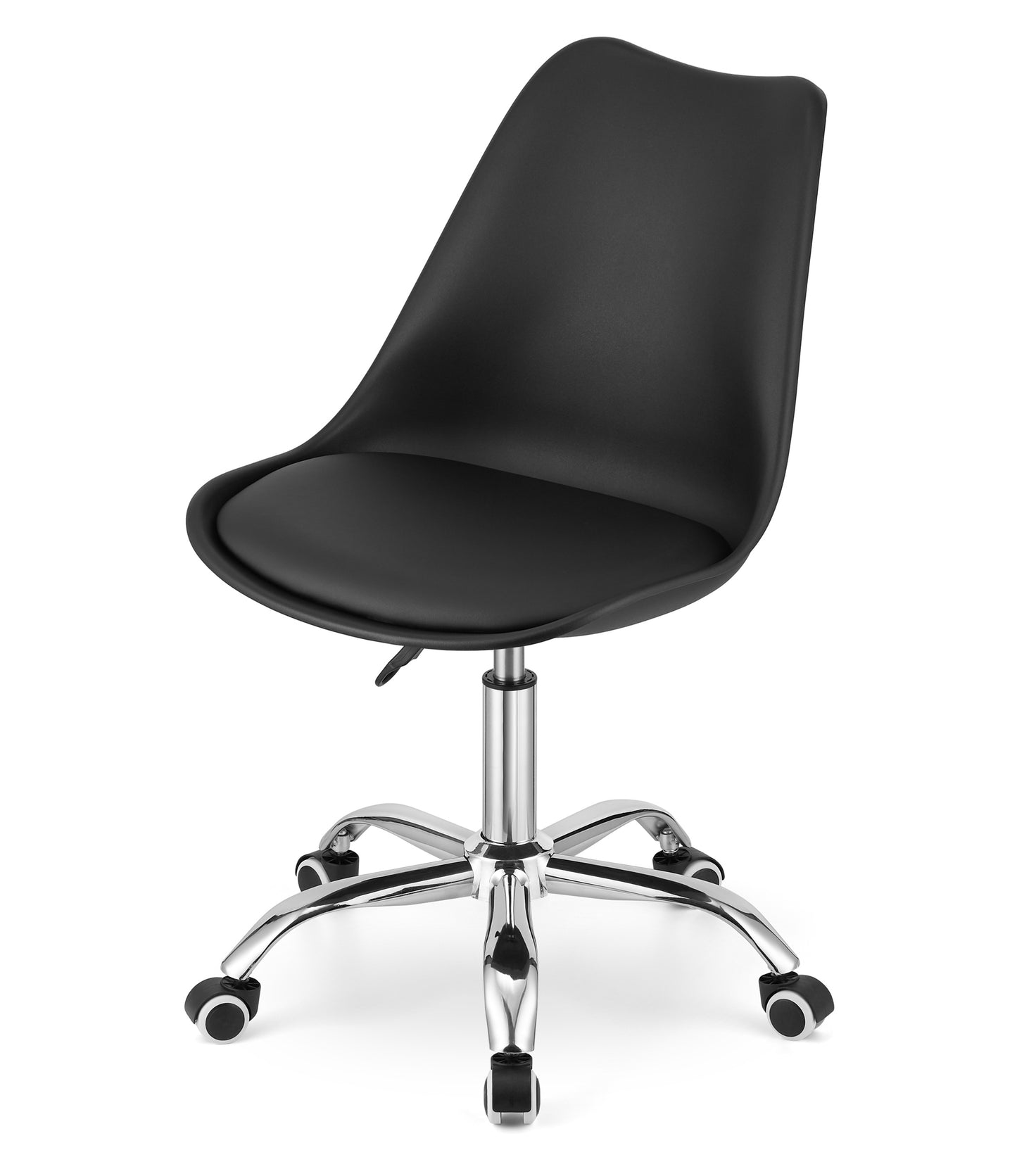 Chaise de bureau pivotante à roulettes, chaise de bureau réglable en hauteur en polypropylène et coussin en simili cuir, cadre chromé, 56,5 x 48,5 x 91,5 cm