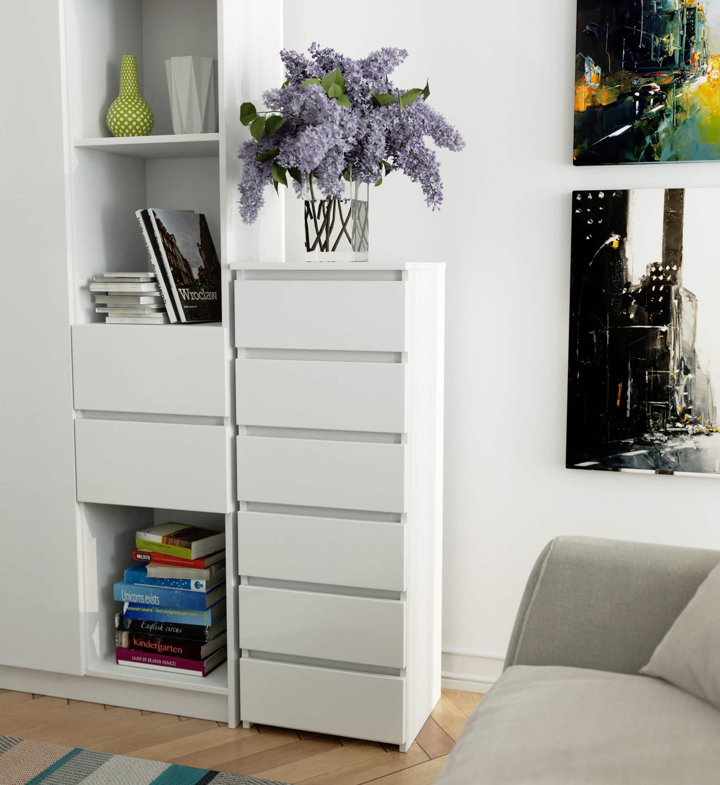 Kommode mit 6 Schubladen Kommode Schlafzimmer Flur Wohnzimmer Organizer Kommode mit Schubladen 40 cm breit 109 cm hoch | Holz Highboard Sideboard Mehrzweckschrank Schrank schmal