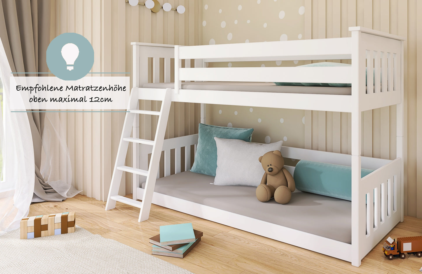 Hochbett 90x200 cm mit Matratze (optional) Rausfallschutz & zwei Lattenroste in weiß und natur Mädchen Jungen Bett Kinderbett Jugendbett 200x90 cm