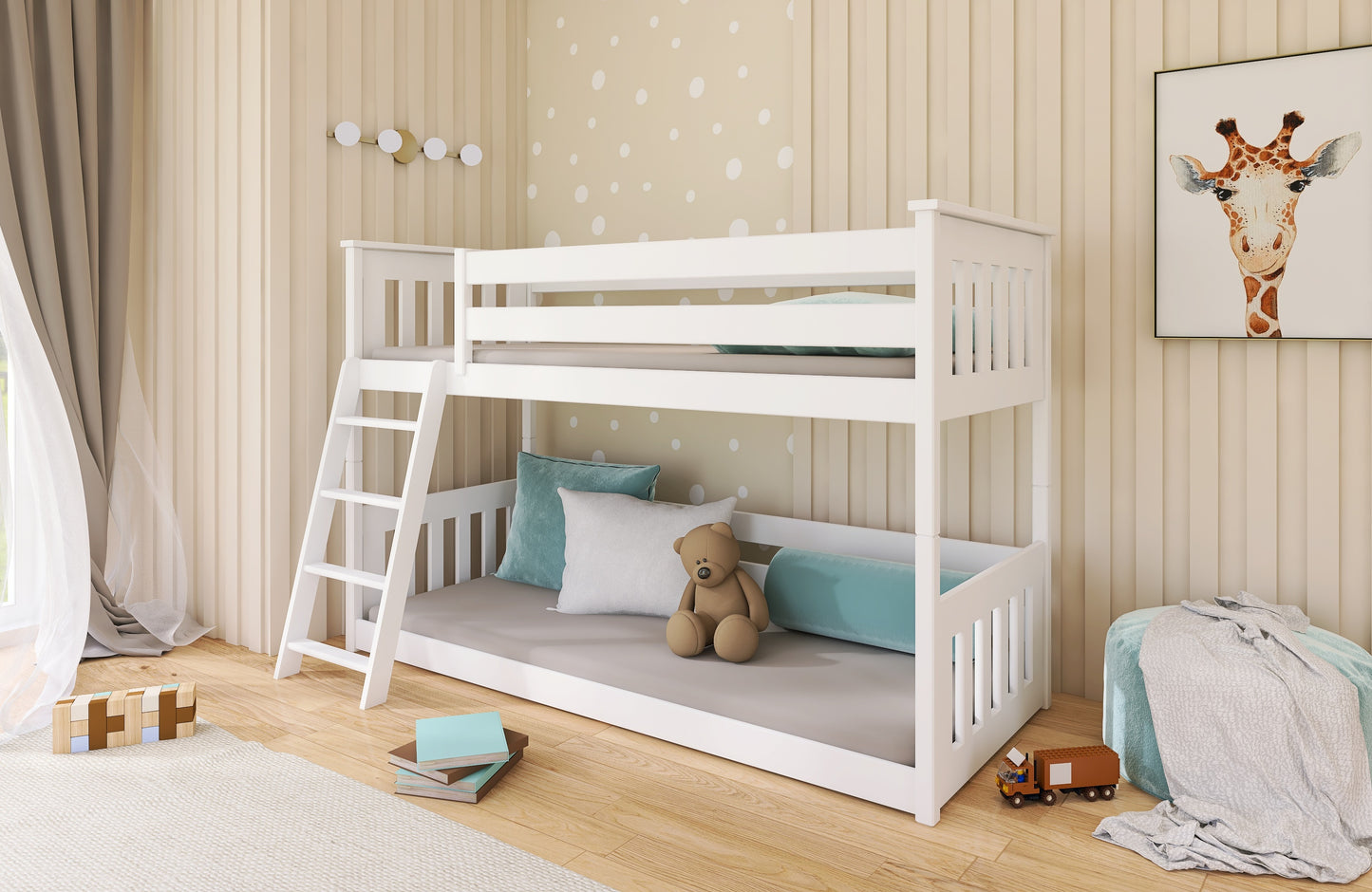 Hochbett 90x200 cm mit Matratze (optional) Rausfallschutz & zwei Lattenroste in weiß und natur Mädchen Jungen Bett Kinderbett Jugendbett 200x90 cm