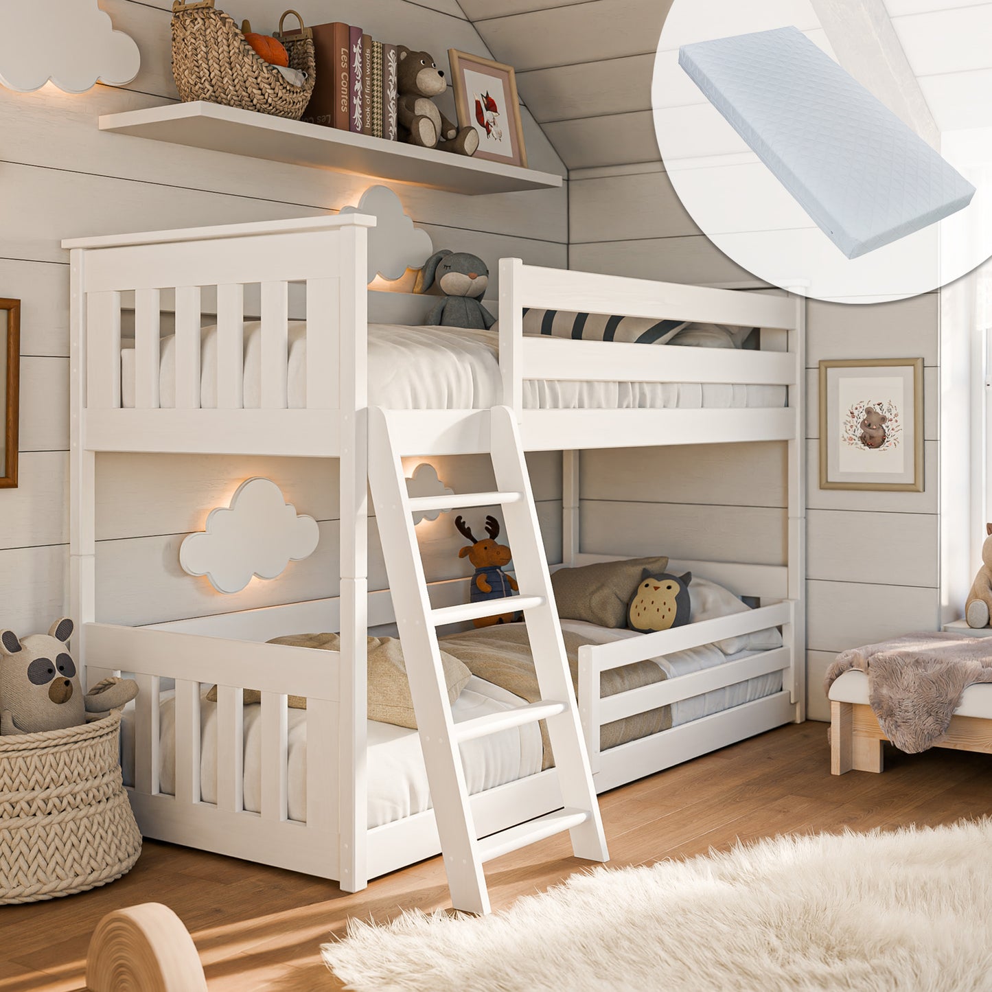 Hochbett 90x200 cm mit Matratze (optional) Rausfallschutz & zwei Lattenroste in weiß und natur Mädchen Jungen Bett Kinderbett Jugendbett 200x90 cm