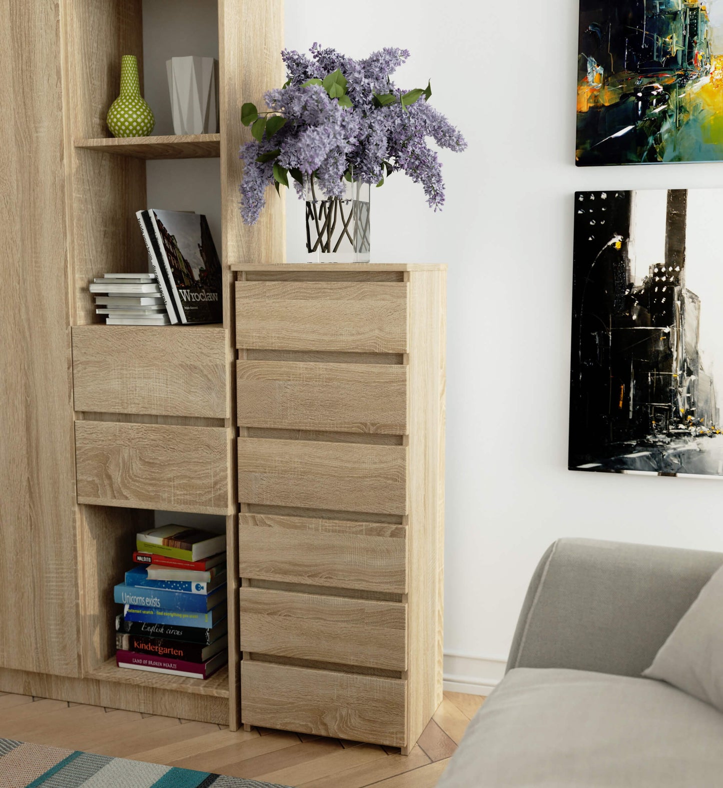 Kommode mit 6 Schubladen Kommode Schlafzimmer Flur Wohnzimmer Organizer Kommode mit Schubladen 40 cm breit 109 cm hoch | Holz Highboard Sideboard Mehrzweckschrank Schrank schmal