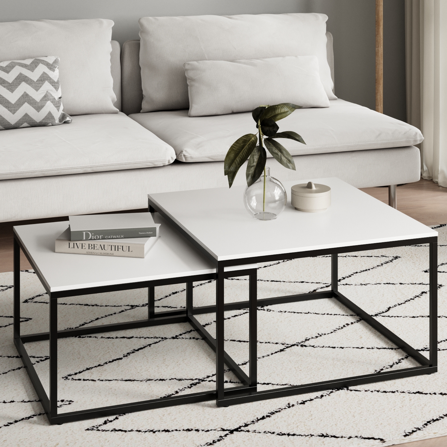 Couchtisch 2er Set aus Holz, Wohnzimmertisch Modern, Beistelltisch Set 2 in 1 mit Metallgestell für Wohnzimmer Büro Beistelltisch Loft Design TWIN, kratzfeste Oberfläche