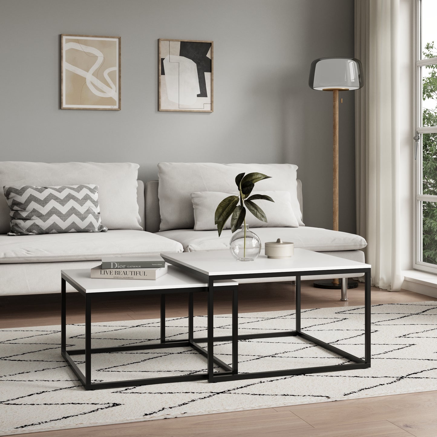 Couchtisch 2er Set aus Holz, Wohnzimmertisch Modern, Beistelltisch Set 2 in 1 mit Metallgestell für Wohnzimmer Büro Beistelltisch Loft Design TWIN, kratzfeste Oberfläche