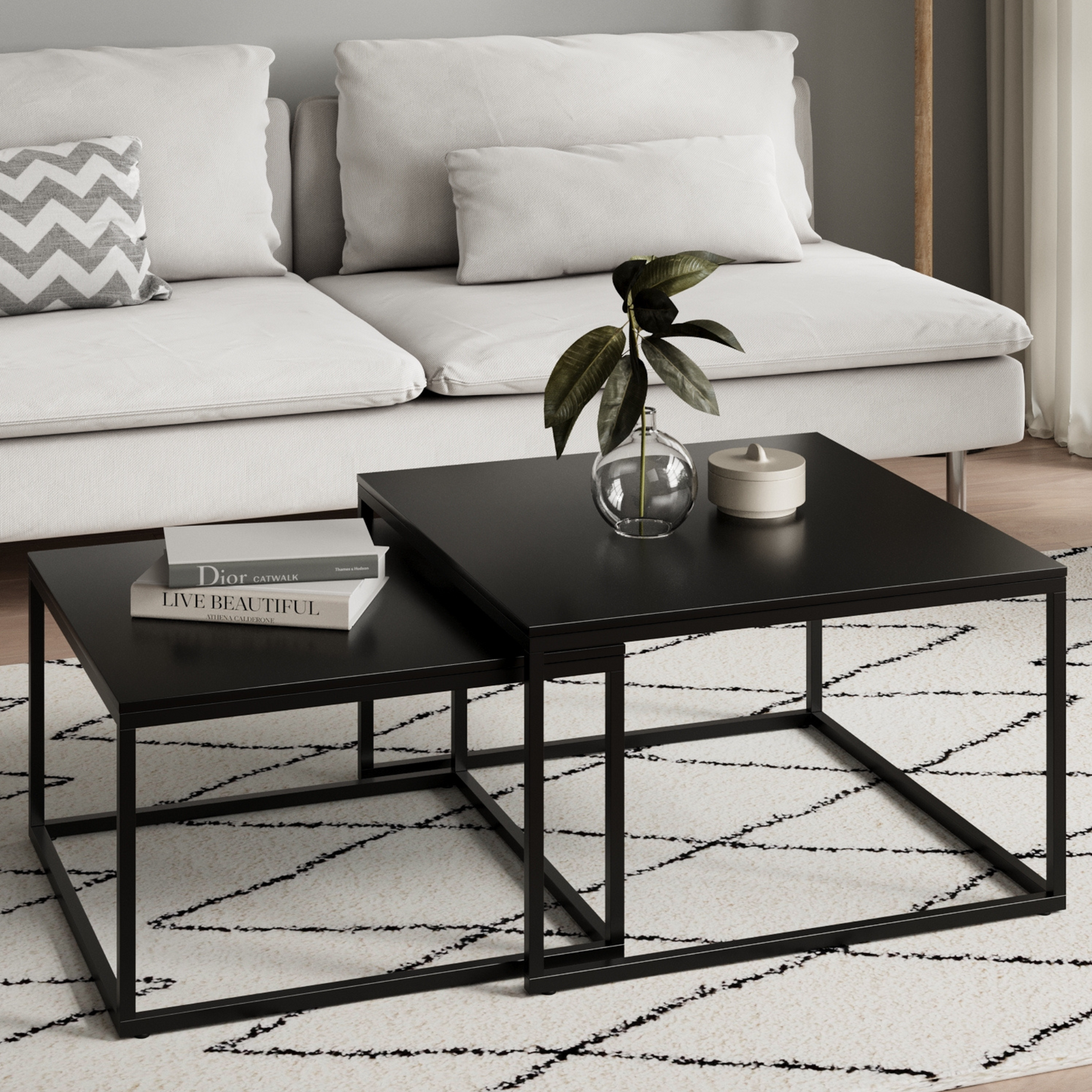 Couchtisch Groß 2er Set aus Holz, Wohnzimmertisch Modern, Beistelltisch Set 2 in 1 mit Metallgestell für Wohnzimmer Büro Beistelltisch Loft Design TWIN, kratzfeste Oberfläche