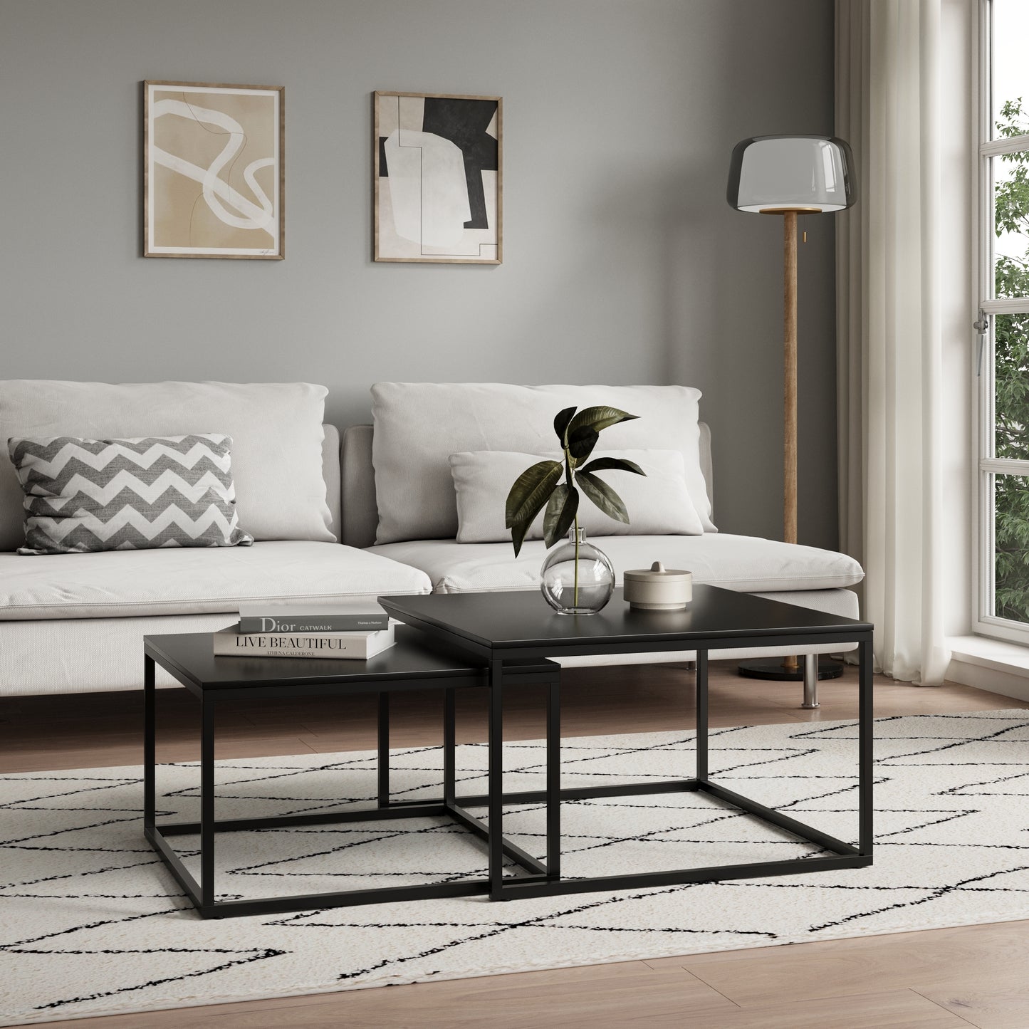 Couchtisch Groß 2er Set aus Holz, Wohnzimmertisch Modern, Beistelltisch Set 2 in 1 mit Metallgestell für Wohnzimmer Büro Beistelltisch Loft Design TWIN, kratzfeste Oberfläche