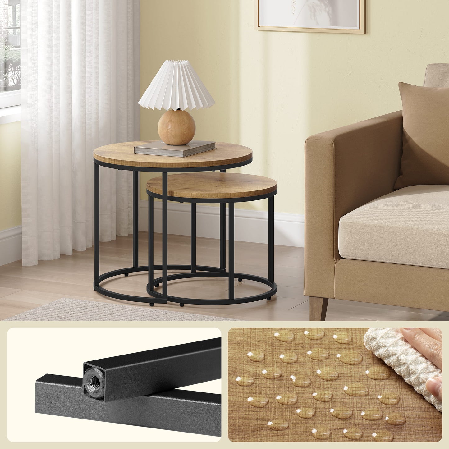 Table basse lot de 2 tables d'appoint rondes design loft 2 en 1 surface emboîtable résistante aux rayures, salon | 53cm et 43cm de large