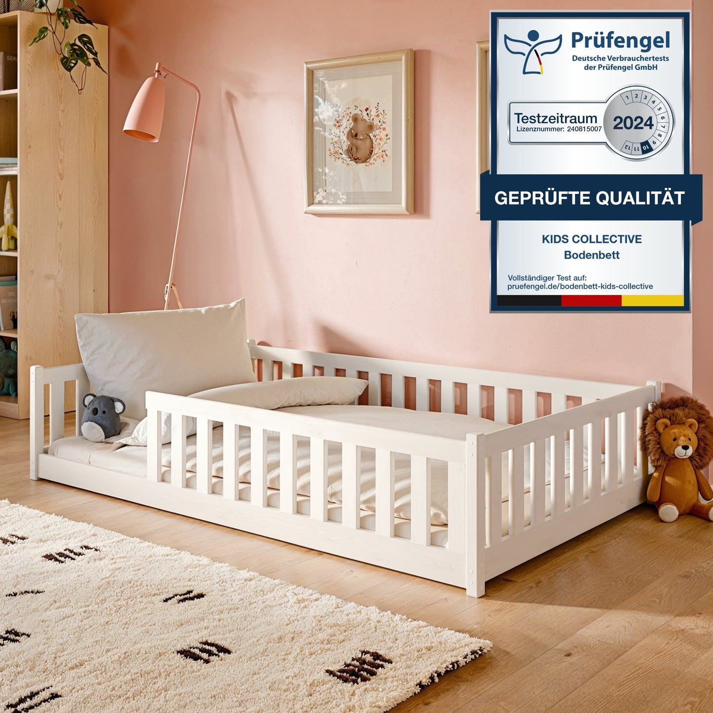 Kinderbett Bodenbett 90x200 | 120x200 | 140x200cm Bett mit Rausfallschutz & Lattenrost Montessori Bett Bed Gitterbett Kinder Jugendbett Einzelbett optional mit Matratze | weiß oder natur Kiefer Holz massiv Junge Mädchen