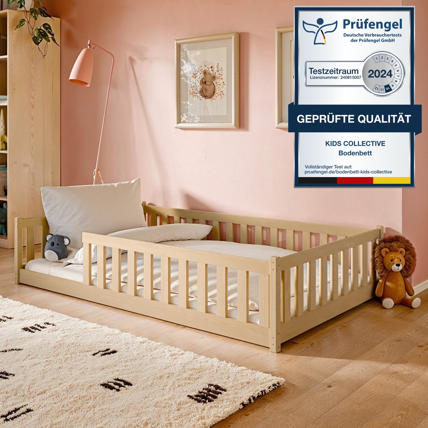 Kinderbett Bodenbett 90x200 | 120x200 | 140x200cm Bett mit Rausfallschutz & Lattenrost Montessori Bett Bed Gitterbett Kinder Jugendbett Einzelbett optional mit Matratze | weiß oder natur Kiefer Holz massiv Junge Mädchen