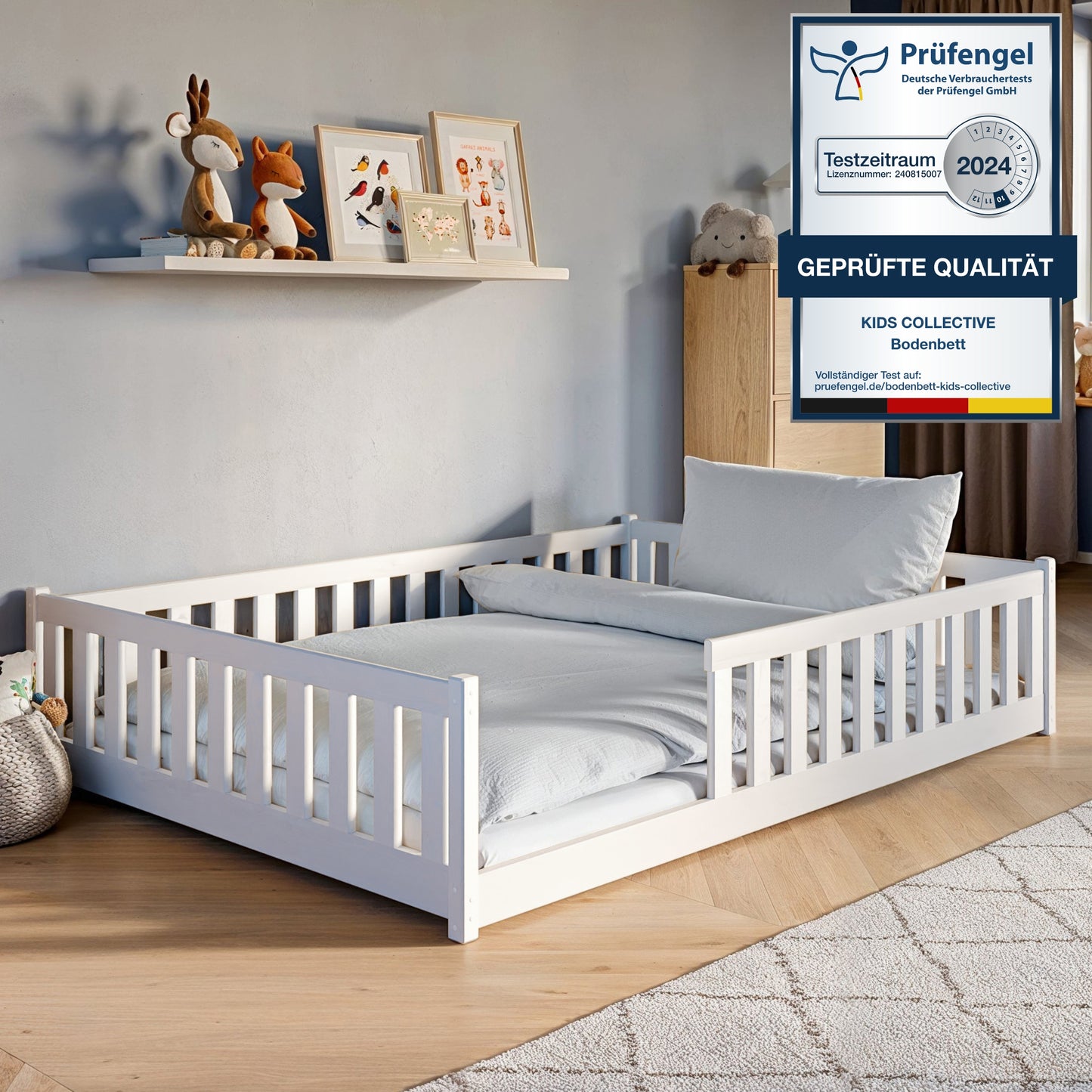 Kinderbett Bodenbett 90x200 | 120x200 | 140x200cm Bett mit Rausfallschutz & Lattenrost Montessori Bett Bed Gitterbett Kinder Jugendbett Einzelbett optional mit Matratze | weiß oder natur Kiefer Holz massiv Junge Mädchen