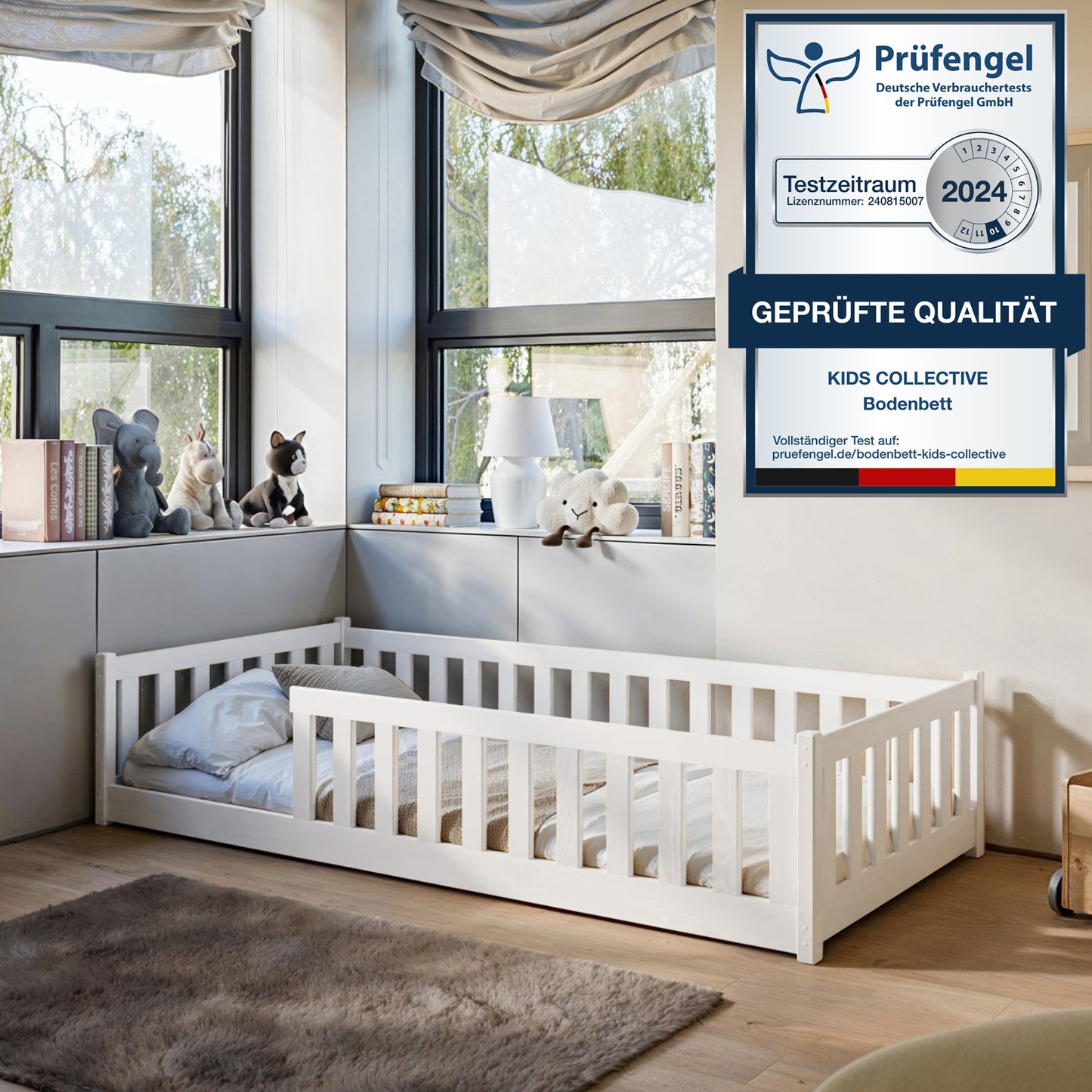 Kinderbett Bodenbett 90x200 | 120x200 | 140x200cm Bett mit Rausfallschutz & Lattenrost Montessori Bett Bed Gitterbett Kinder Jugendbett Einzelbett optional mit Matratze | weiß oder natur Kiefer Holz massiv Junge Mädchen