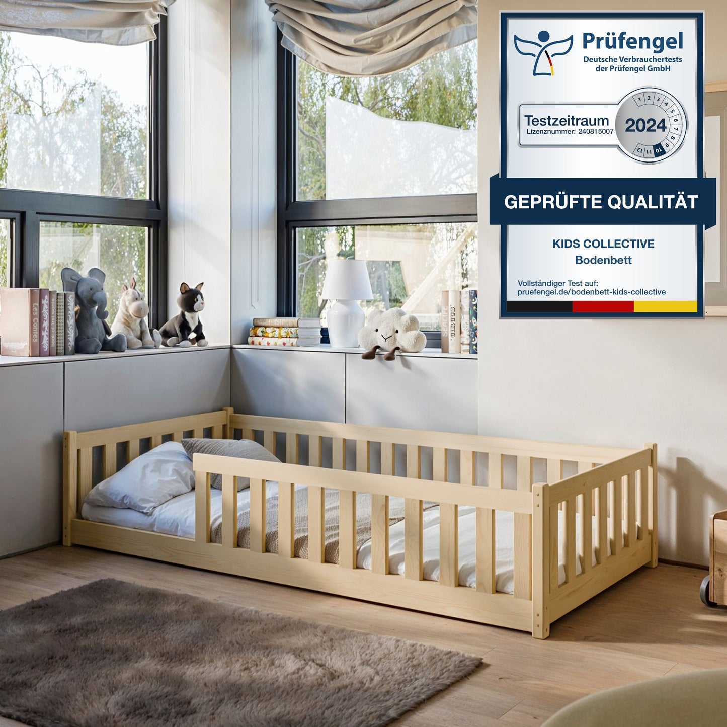 Kinderbett Bodenbett 90x200 | 120x200 | 140x200cm Bett mit Rausfallschutz & Lattenrost Montessori Bett Bed Gitterbett Kinder Jugendbett Einzelbett optional mit Matratze | weiß oder natur Kiefer Holz massiv Junge Mädchen
