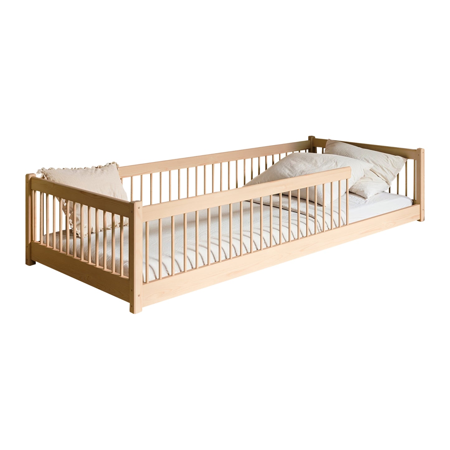 Kinderbett Bodenbett 90x200 cm Bett mit Rausfallschutz & Lattenrost Montessori Bett Bed Gitterbett Kinder Jugendbett Einzelbett optional mit Matratze | Design Kiefer Holz massiv Junge Mädchen