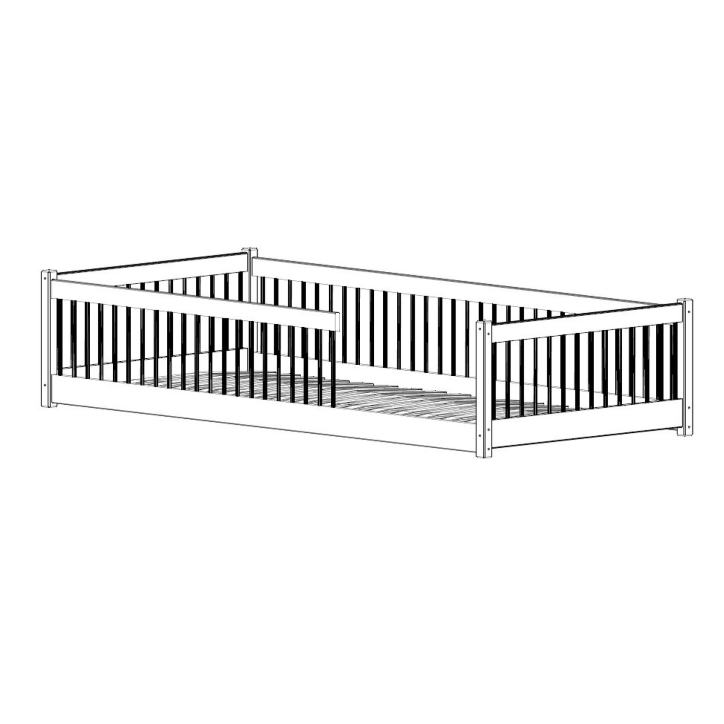 Kinderbett Bodenbett 90x200 cm Bett mit Rausfallschutz & Lattenrost Montessori Bett Bed Gitterbett Kinder Jugendbett Einzelbett optional mit Matratze | Design Kiefer Holz massiv Junge Mädchen