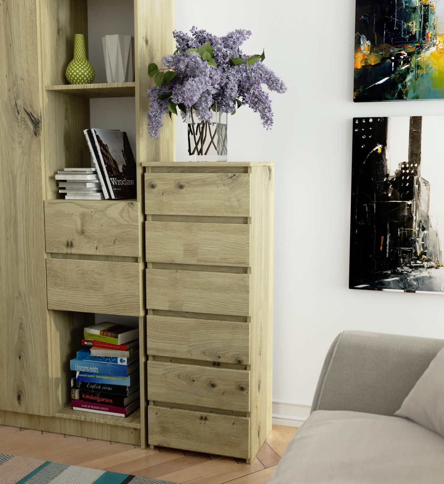 Kommode mit 6 Schubladen Kommode Schlafzimmer Flur Wohnzimmer Organizer Kommode mit Schubladen 40 cm breit 109 cm hoch | Holz Highboard Sideboard Mehrzweckschrank Schrank schmal