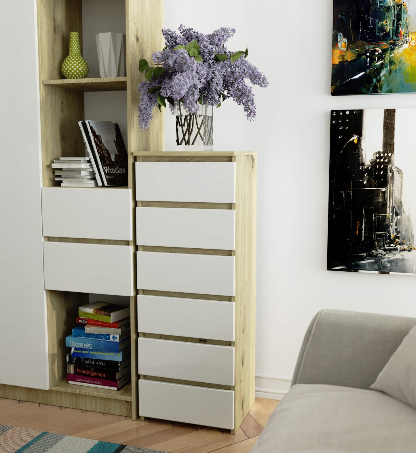 Kommode mit 6 Schubladen Kommode Schlafzimmer Flur Wohnzimmer Organizer Kommode mit Schubladen 40 cm breit 109 cm hoch | Holz Highboard Sideboard Mehrzweckschrank Schrank schmal