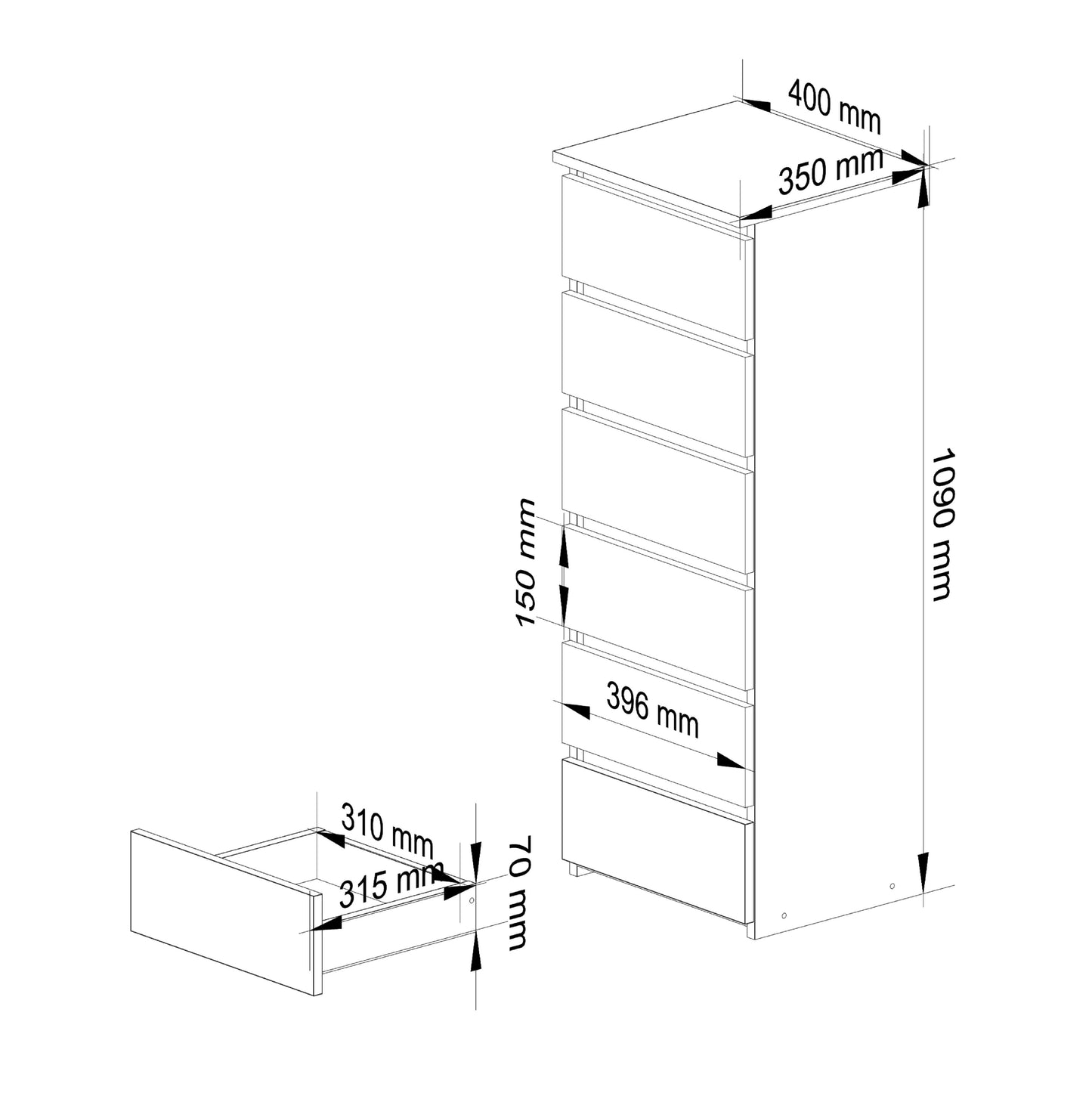 Kommode mit 6 Schubladen Kommode Schlafzimmer Flur Wohnzimmer Organizer Kommode mit Schubladen 40 cm breit 109 cm hoch | Holz Highboard Sideboard Mehrzweckschrank Schrank schmal