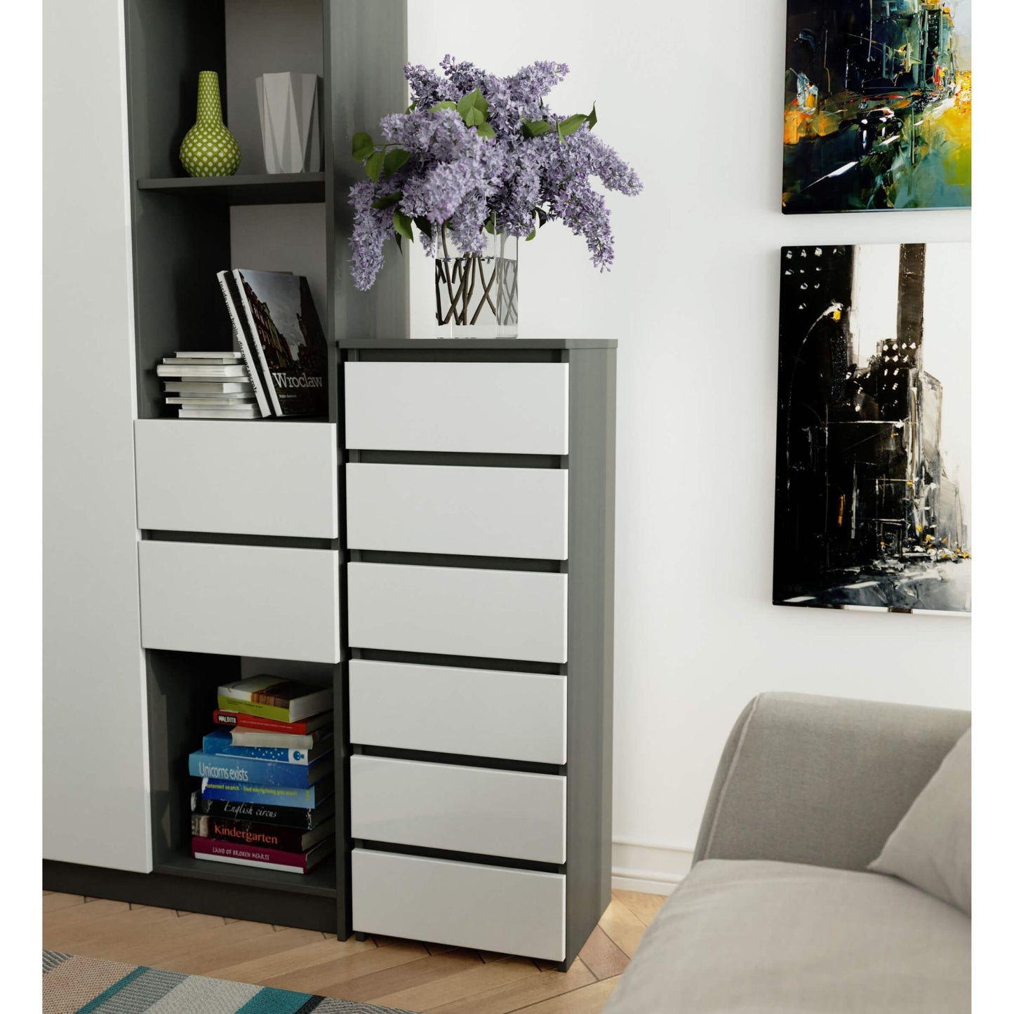 Kommode mit 6 Schubladen Kommode Schlafzimmer Flur Wohnzimmer Organizer Kommode mit Schubladen 40 cm breit 109 cm hoch | Holz Highboard Sideboard Mehrzweckschrank Schrank schmal
