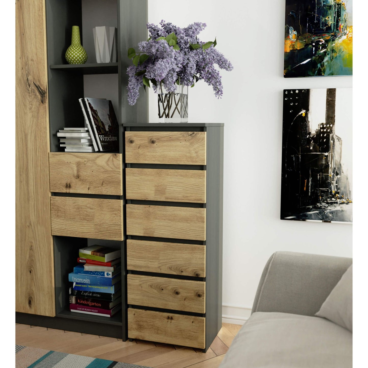 Kommode mit 6 Schubladen Kommode Schlafzimmer Flur Wohnzimmer Organizer Kommode mit Schubladen 40 cm breit 109 cm hoch | Holz Highboard Sideboard Mehrzweckschrank Schrank schmal