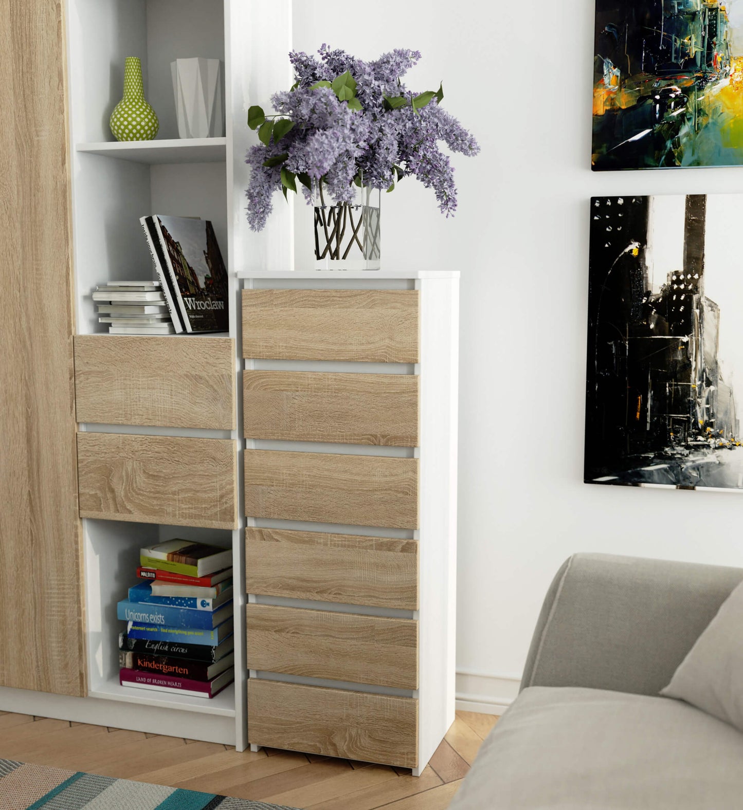 Kommode mit 6 Schubladen Kommode Schlafzimmer Flur Wohnzimmer Organizer Kommode mit Schubladen 40 cm breit 109 cm hoch | Holz Highboard Sideboard Mehrzweckschrank Schrank schmal