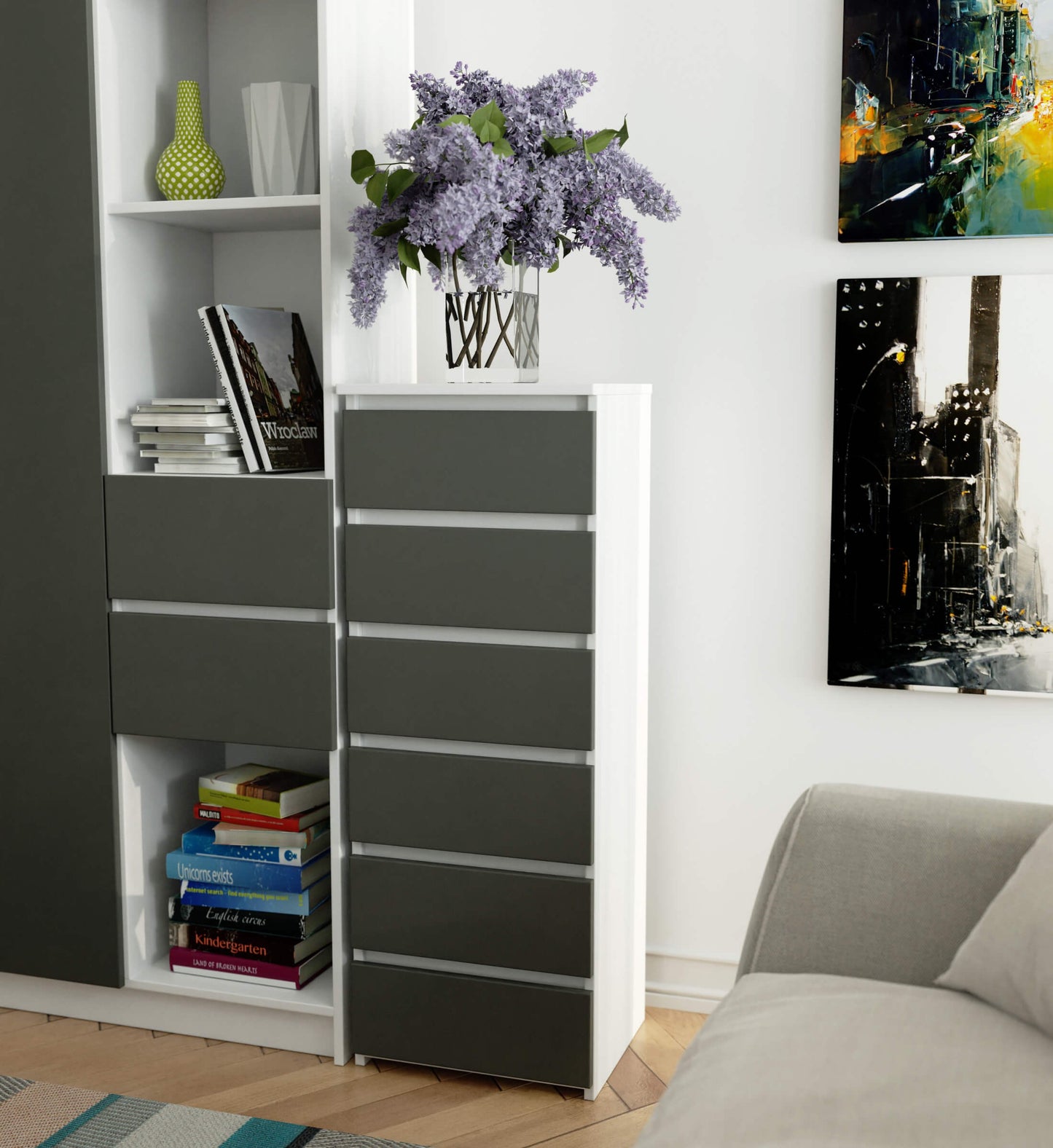Kommode mit 6 Schubladen Kommode Schlafzimmer Flur Wohnzimmer Organizer Kommode mit Schubladen 40 cm breit 109 cm hoch | Holz Highboard Sideboard Mehrzweckschrank Schrank schmal