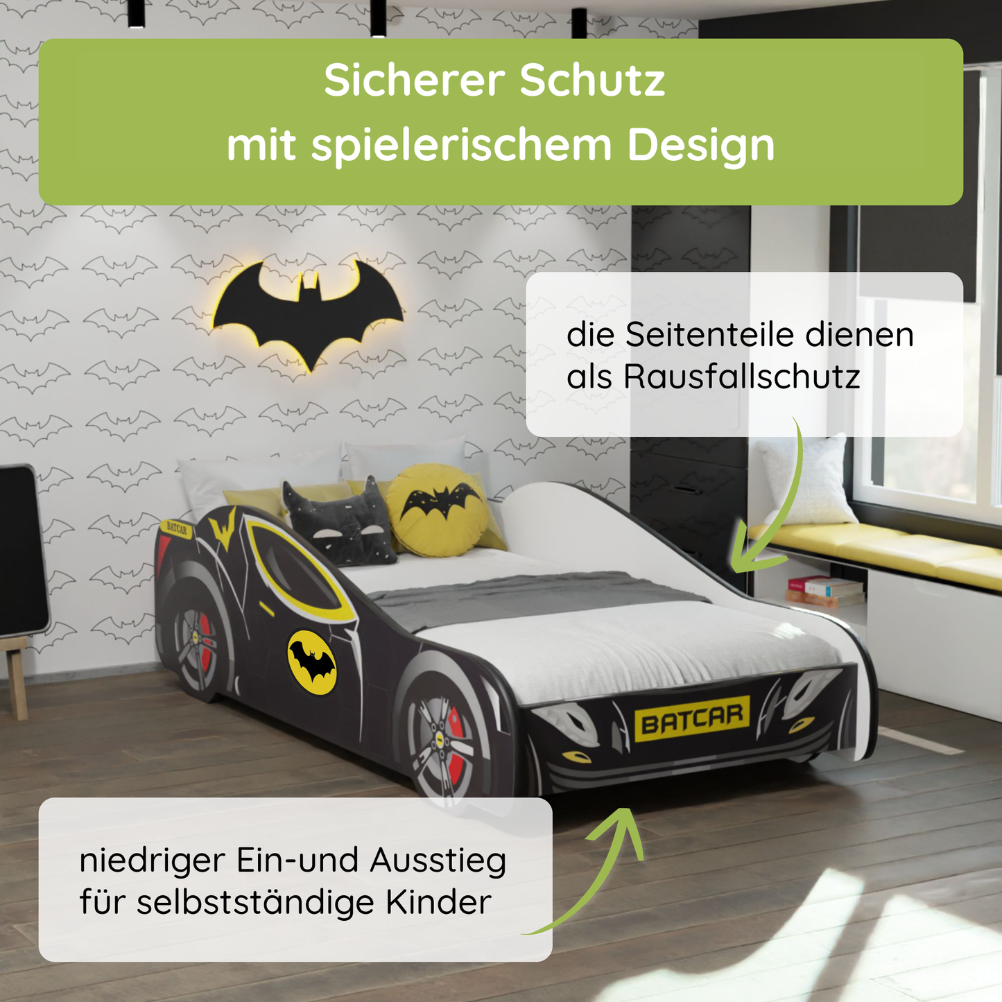 Kids Collective Autobett 70x140 & 80x160 cm Kinderbett Jugendbett mit Rausfallschutz & Lattenrost | Kinder Spielbett Batman Batmobil Bat Car Auto Bett in schwarz | ideal für Kinder ab 2 Jahren
