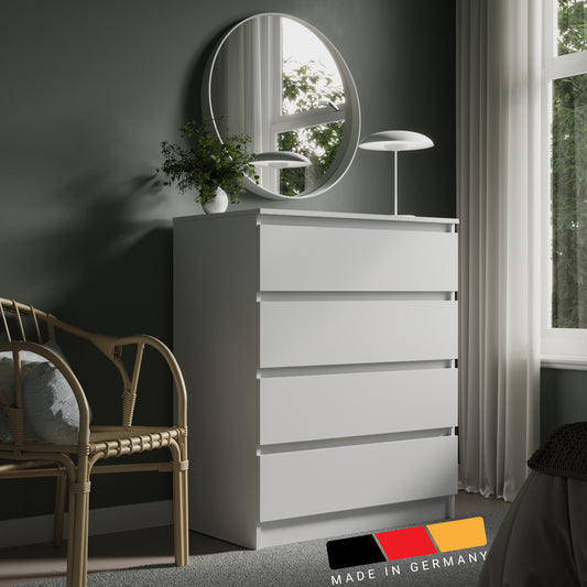 Kommode mit 4 Schubladen 80 cm Breite Kommode weiß schmal Holz Schrank Kommode mit Schubladen Sideboard Highboard Anrichte Schlafzimmer Wohnzimmer Flur Büro Organizer