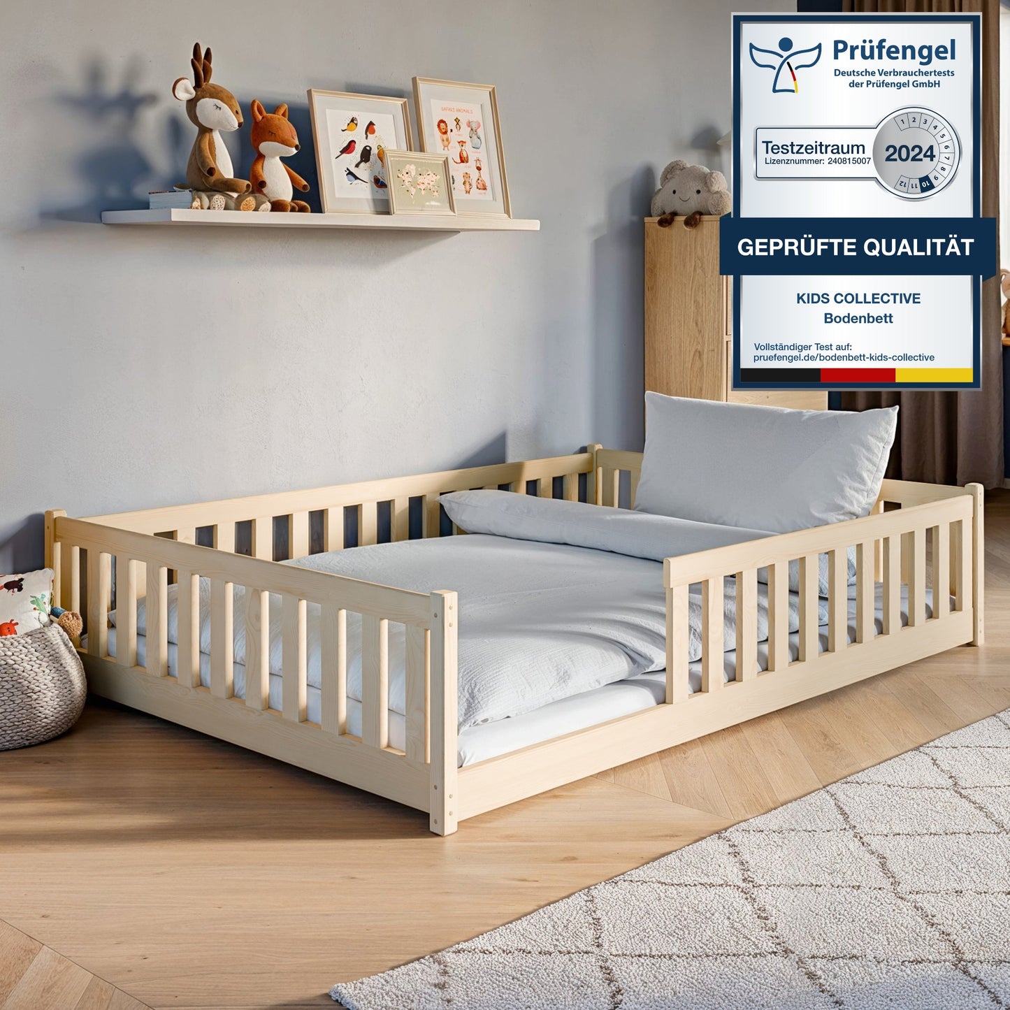 Kinderbett Bodenbett 90x200 | 120x200 | 140x200cm Bett mit Rausfallschutz & Lattenrost Montessori Bett Bed Gitterbett Kinder Jugendbett Einzelbett optional mit Matratze | weiß oder natur Kiefer Holz massiv Junge Mädchen