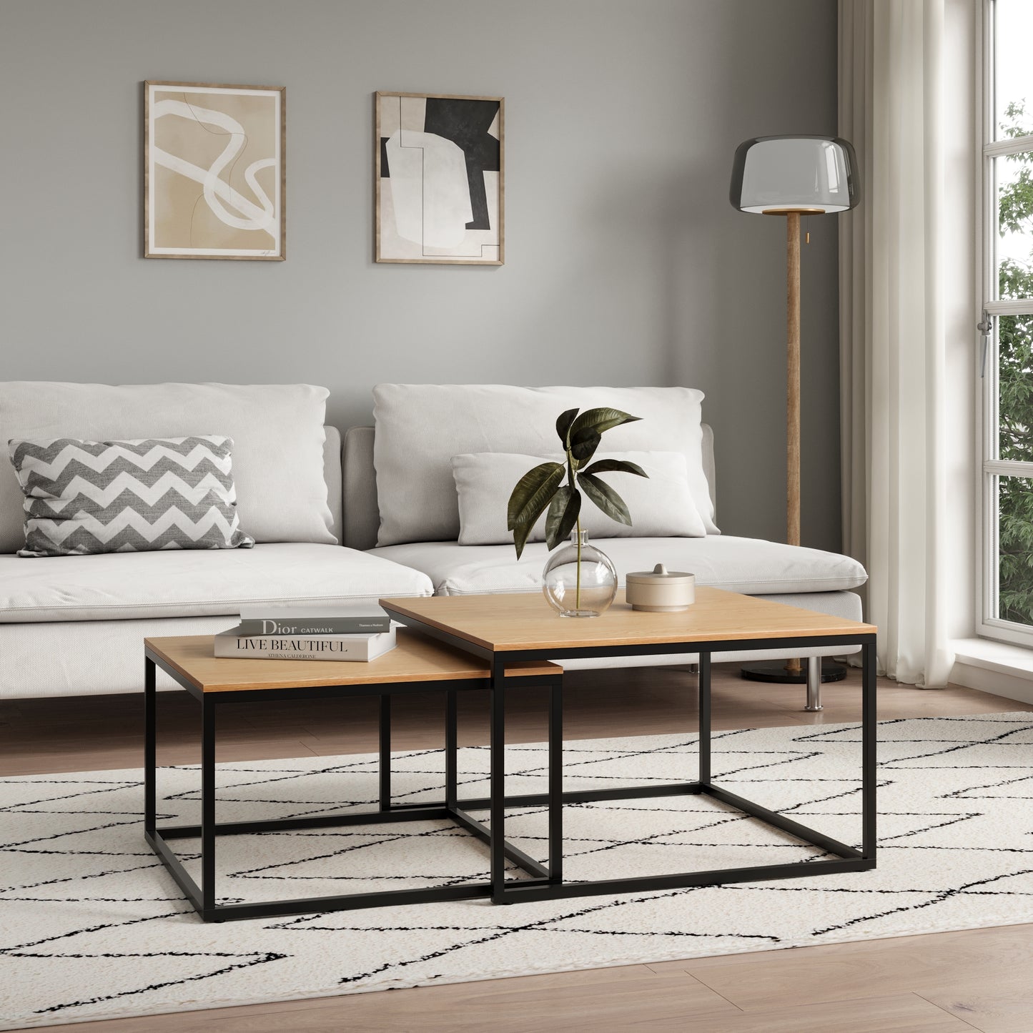 Couchtisch Groß 2er Set aus Holz, Wohnzimmertisch Modern, Beistelltisch Set 2 in 1 mit Metallgestell für Wohnzimmer Büro Beistelltisch Loft Design TWIN, kratzfeste Oberfläche