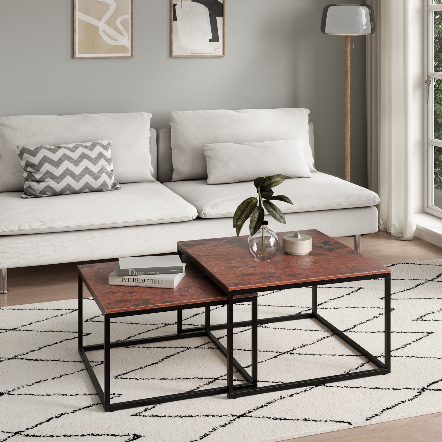 Couchtisch Groß 2er Set aus Holz, Wohnzimmertisch Modern, Beistelltisch Set 2 in 1 mit Metallgestell für Wohnzimmer Büro Beistelltisch Loft Design TWIN, kratzfeste Oberfläche