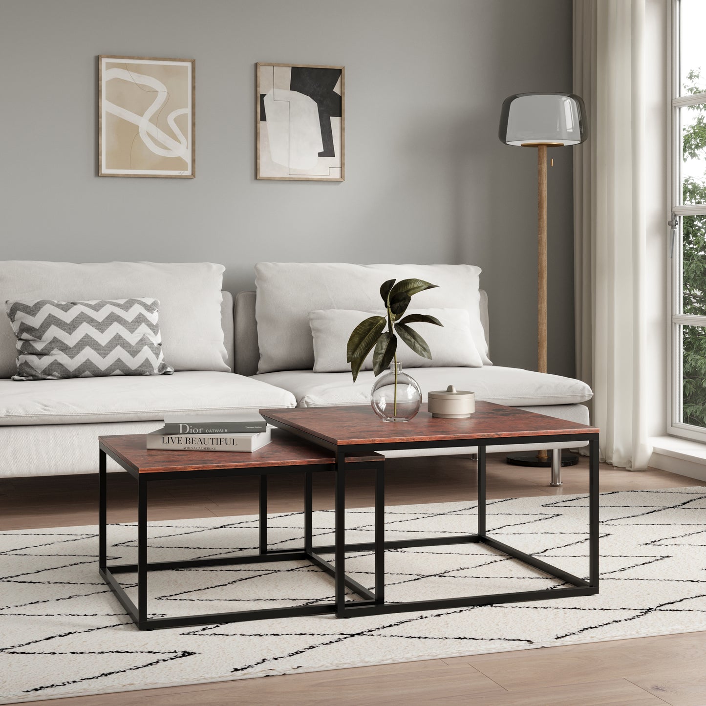 Couchtisch Groß 2er Set aus Holz, Wohnzimmertisch Modern, Beistelltisch Set 2 in 1 mit Metallgestell für Wohnzimmer Büro Beistelltisch Loft Design TWIN, kratzfeste Oberfläche