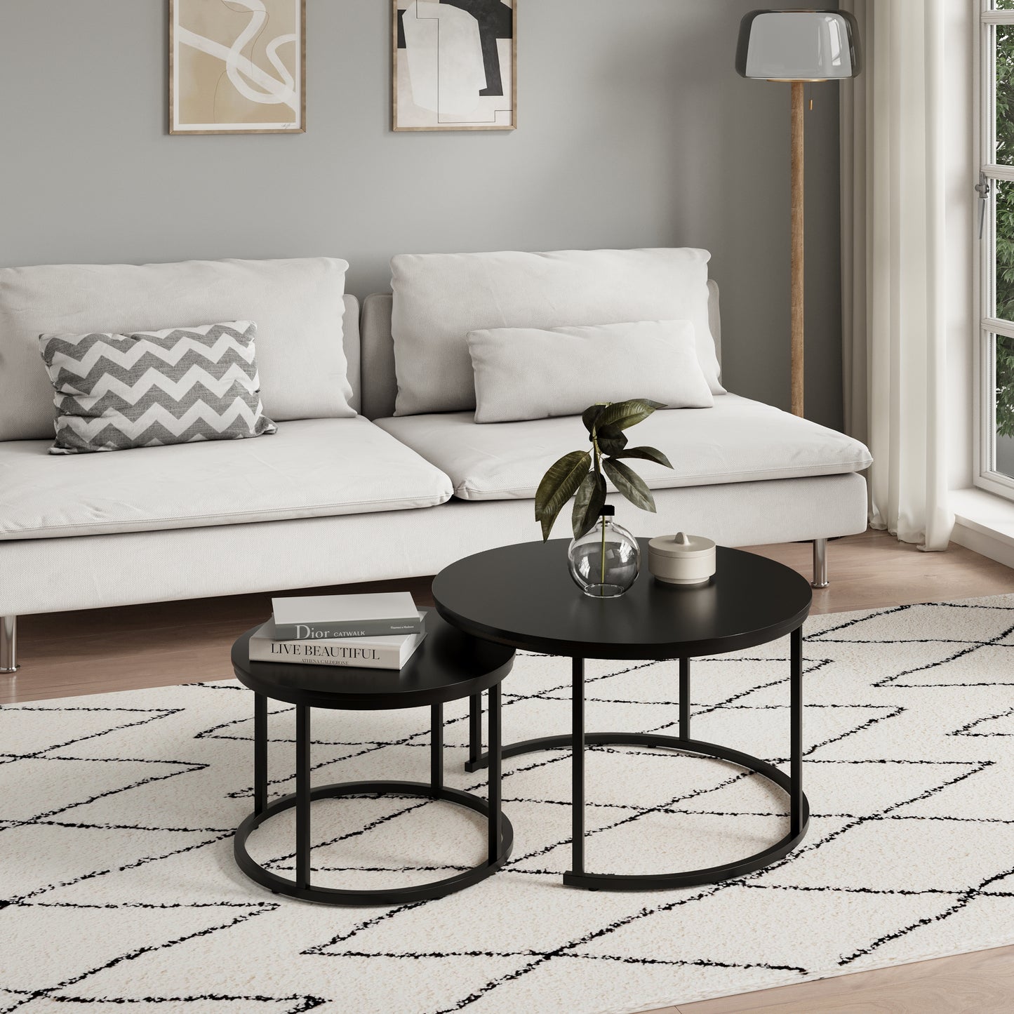 Couchtisch Groß 2er Set aus Holz, Wohnzimmertisch Modern, Beistelltisch Set 2 in 1 mit Metallgestell für Wohnzimmer Büro Beistelltisch Loft Design TWIN, kratzfeste Oberfläche