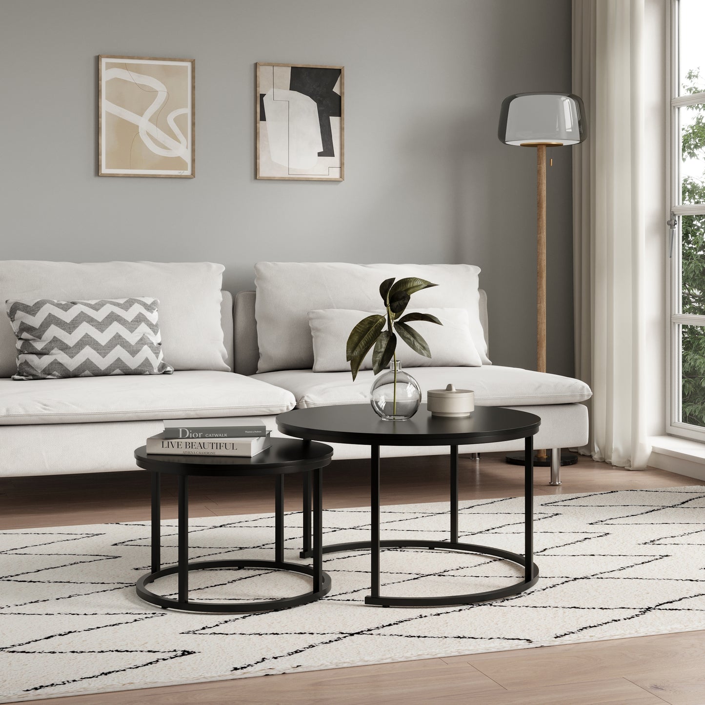 Couchtisch Groß 2er Set aus Holz, Wohnzimmertisch Modern, Beistelltisch Set 2 in 1 mit Metallgestell für Wohnzimmer Büro Beistelltisch Loft Design TWIN, kratzfeste Oberfläche