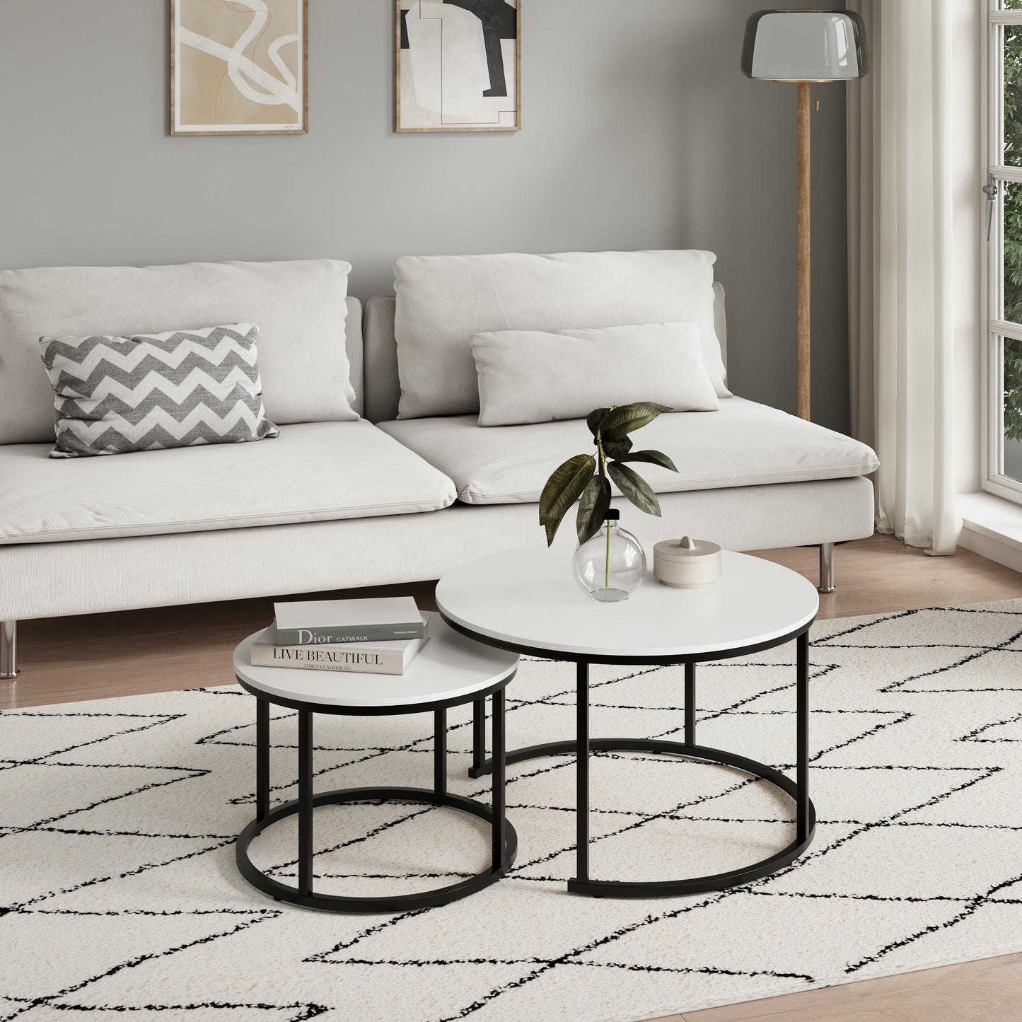 Couchtisch Groß 2er Set aus Holz, Wohnzimmertisch Modern, Beistelltisch Set 2 in 1 mit Metallgestell für Wohnzimmer Büro Beistelltisch Loft Design TWIN, kratzfeste Oberfläche